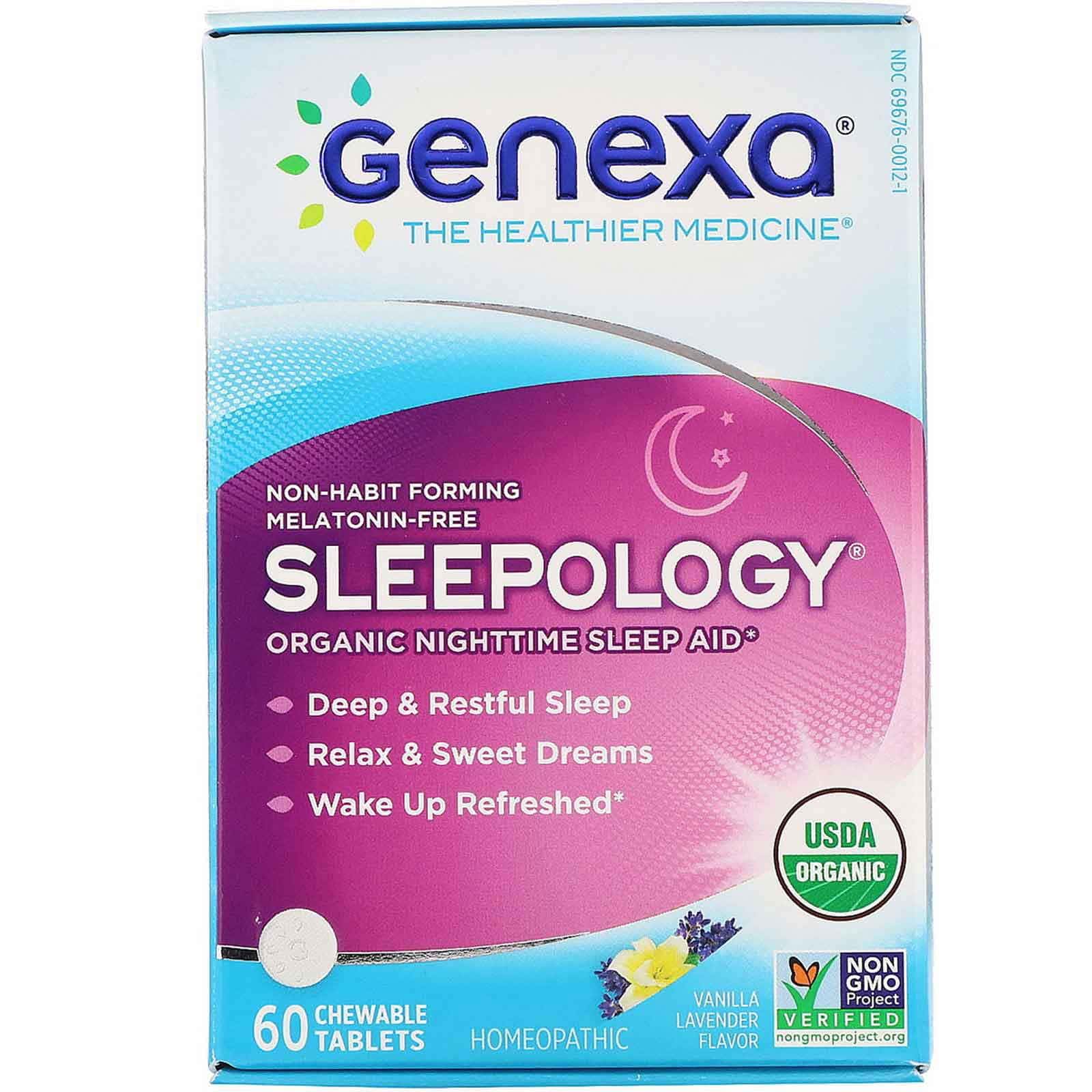 Genexa, Sleepology, Ayuda orgánica para el sueño nocturno, Sabor a lavanda y vainilla, 60 tabletas masticables