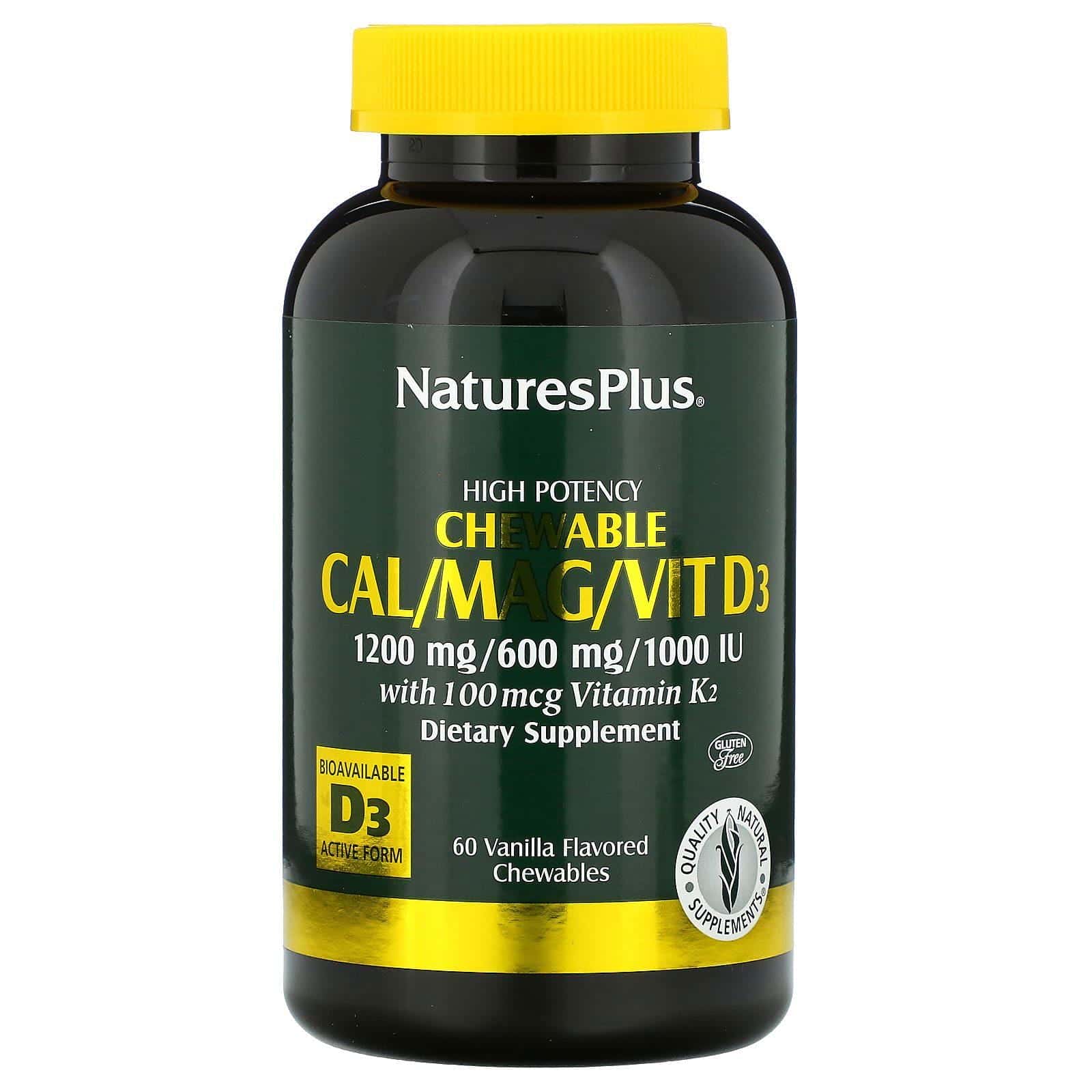 Nature's Plus, Cacio, magnesio y vitamina D3 de alta potencia, Sabor a vainilla, 60 comprimidos masticables