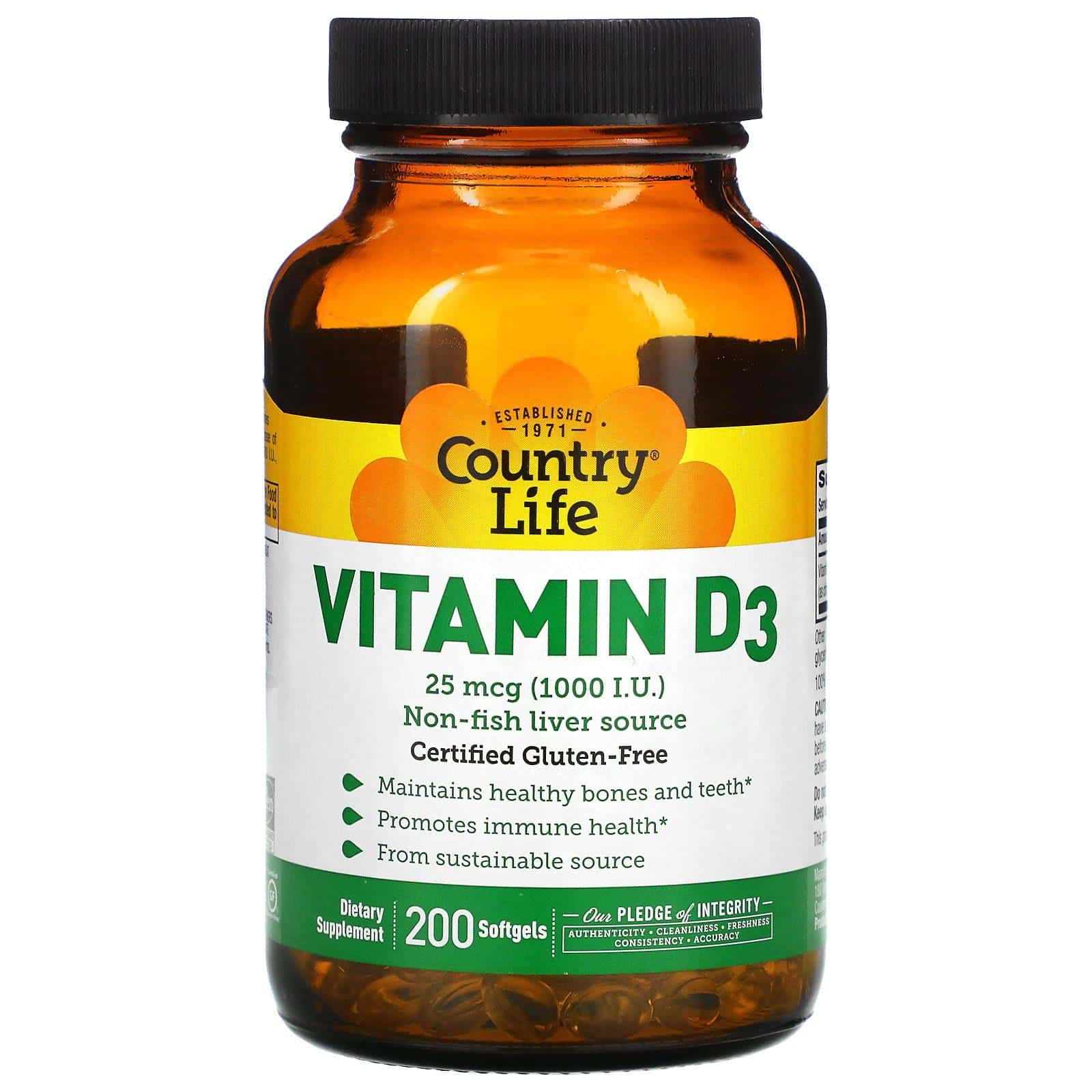 Country Life, Vitamina D3, 1000 IU, 200 Cápsulas Gelificadas