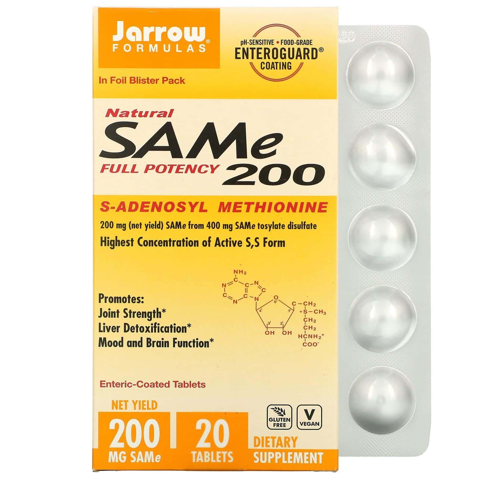 Jarrow Formulas, SAMe 200, S-adenosil-L-metionina, 200 mg, 20 comprimidos