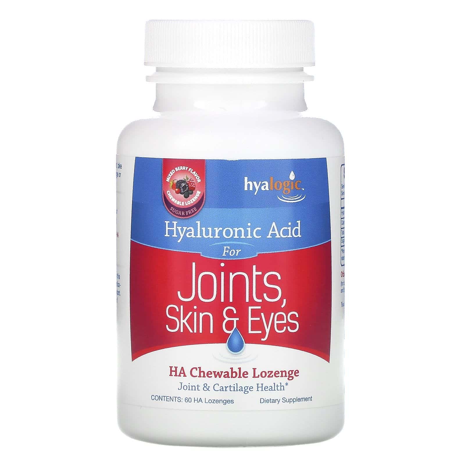 Hyalogic, Ácido hialurónico para las articulaciones, la piel y los ojos, sabor a bayas surtidas, 60 pastillas masticables HA