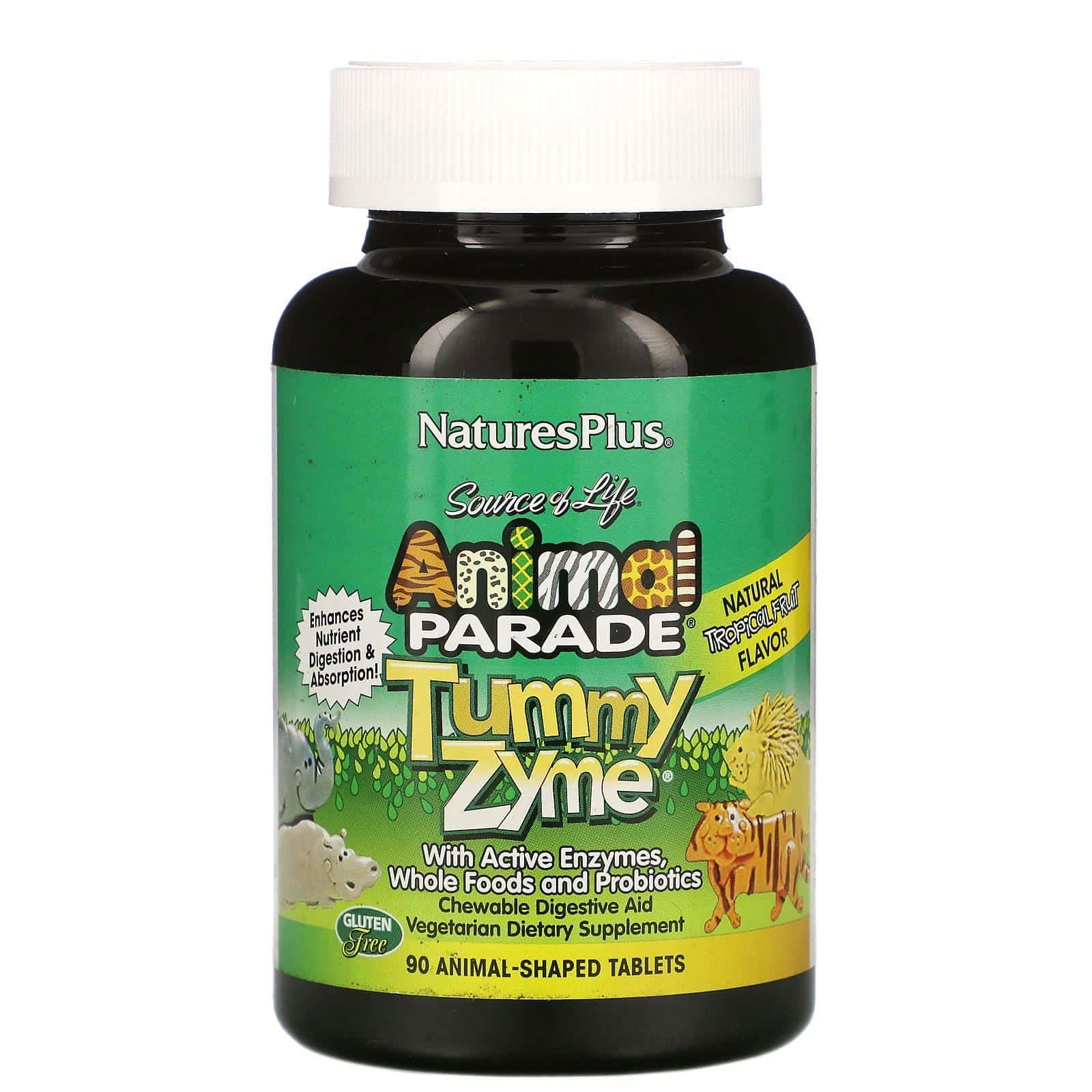 Nature's Plus, Source of Life, Animal Parade, Tummy Zyme con enzimas activas, alimentos integrales y probióticos, Sabor natural a frutas tropicales, 90 comprimidos con forma de animal