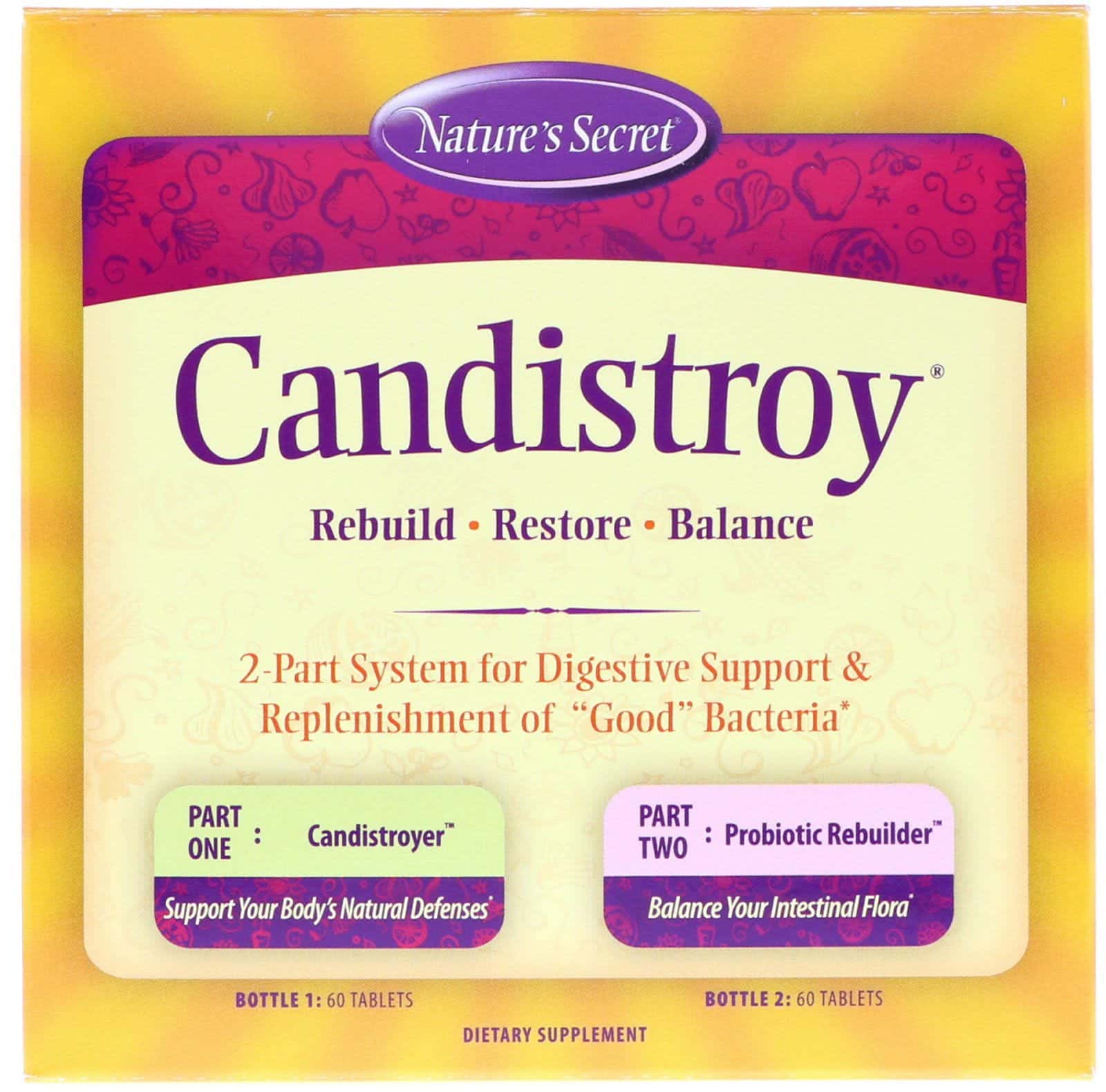 Nature's Secret, Suplemento para la Salud Intestinal Candistroy, 2 Part System, 2 Botes- 60 Tabletas cada uno