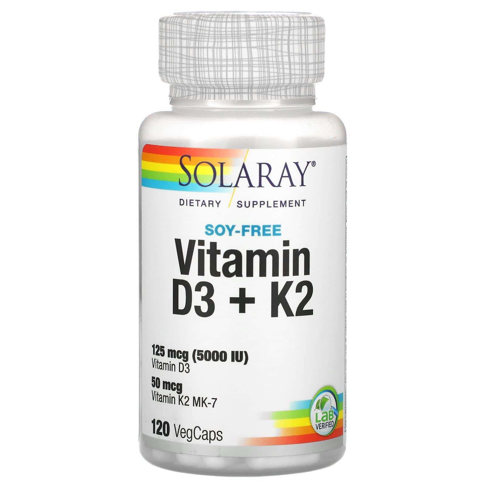 Solaray, Vitaminas D3 y K2, Sin soya, 120 cápsulas vegetales