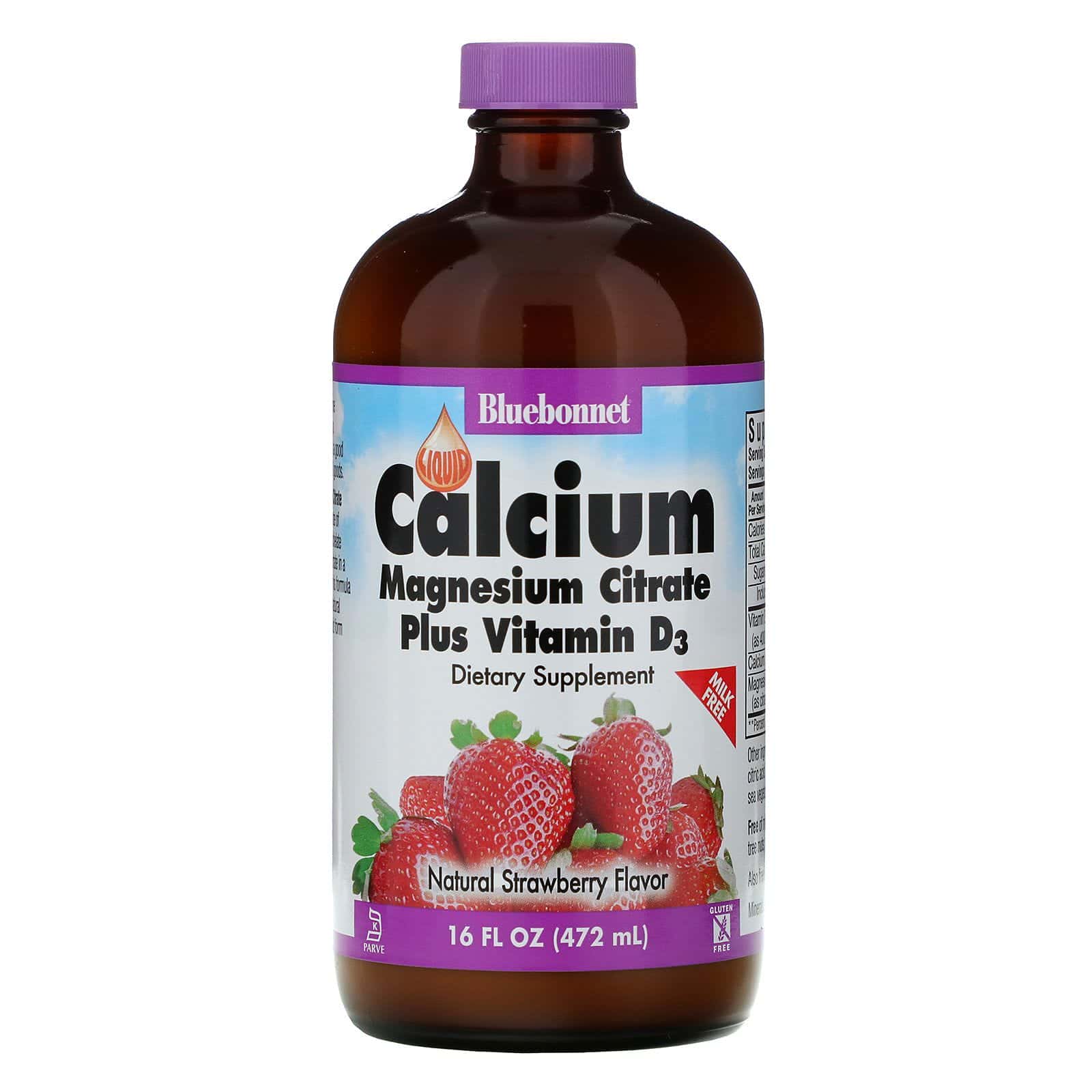 Bluebonnet Nutrition, Calcio líquido, citrato de magnesio más vitamina D3, con sabor natural a frutilla, 16 fl oz (472 ml)