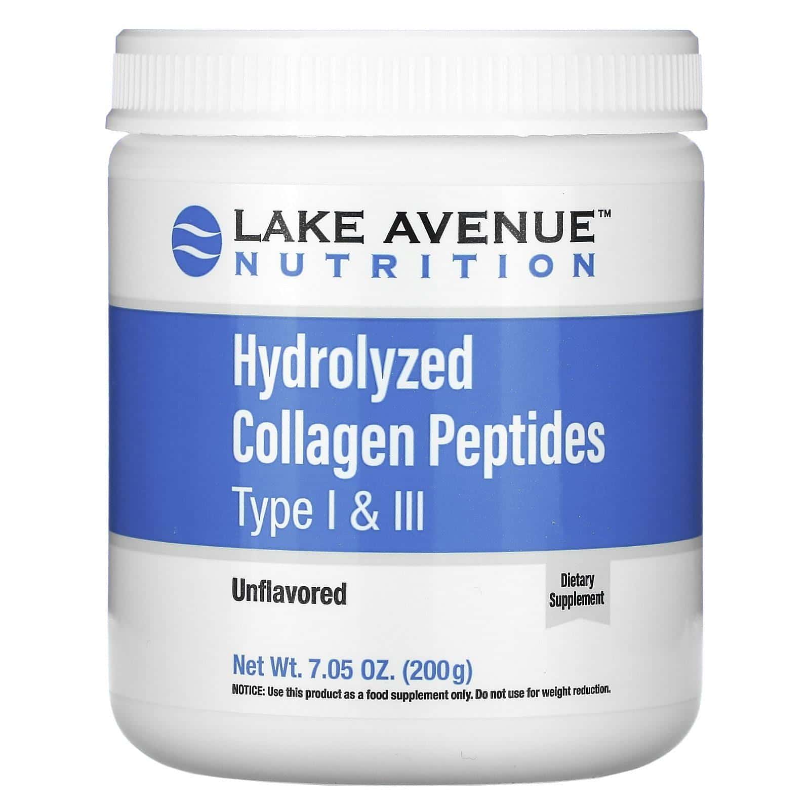 Lake Avenue Nutrition, Péptidos de colágeno hidrolizado, Tipo I y III, Sin sabor, 200 g (7,05 oz)