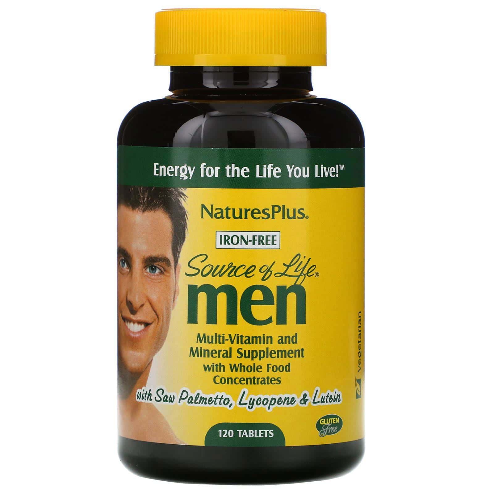 Nature's Plus, Source of Life, para hombres, suplemento multivitamínico y de minerales con concentrados de alimentos integrales, sin hierro, 120 tabletas