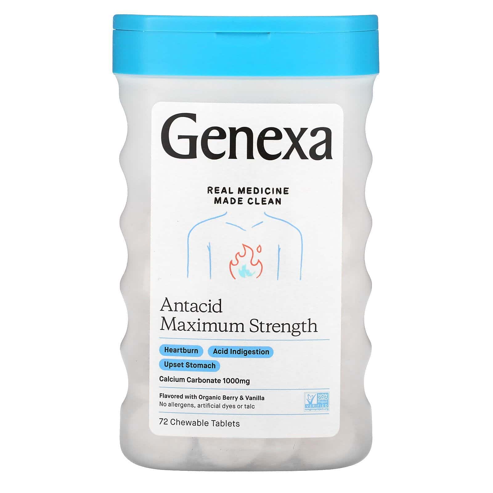 Genexa, Antiácido de concentración máxima, Bayas y vainilla orgánicas, 1000 mg, 72 comprimidos masticables