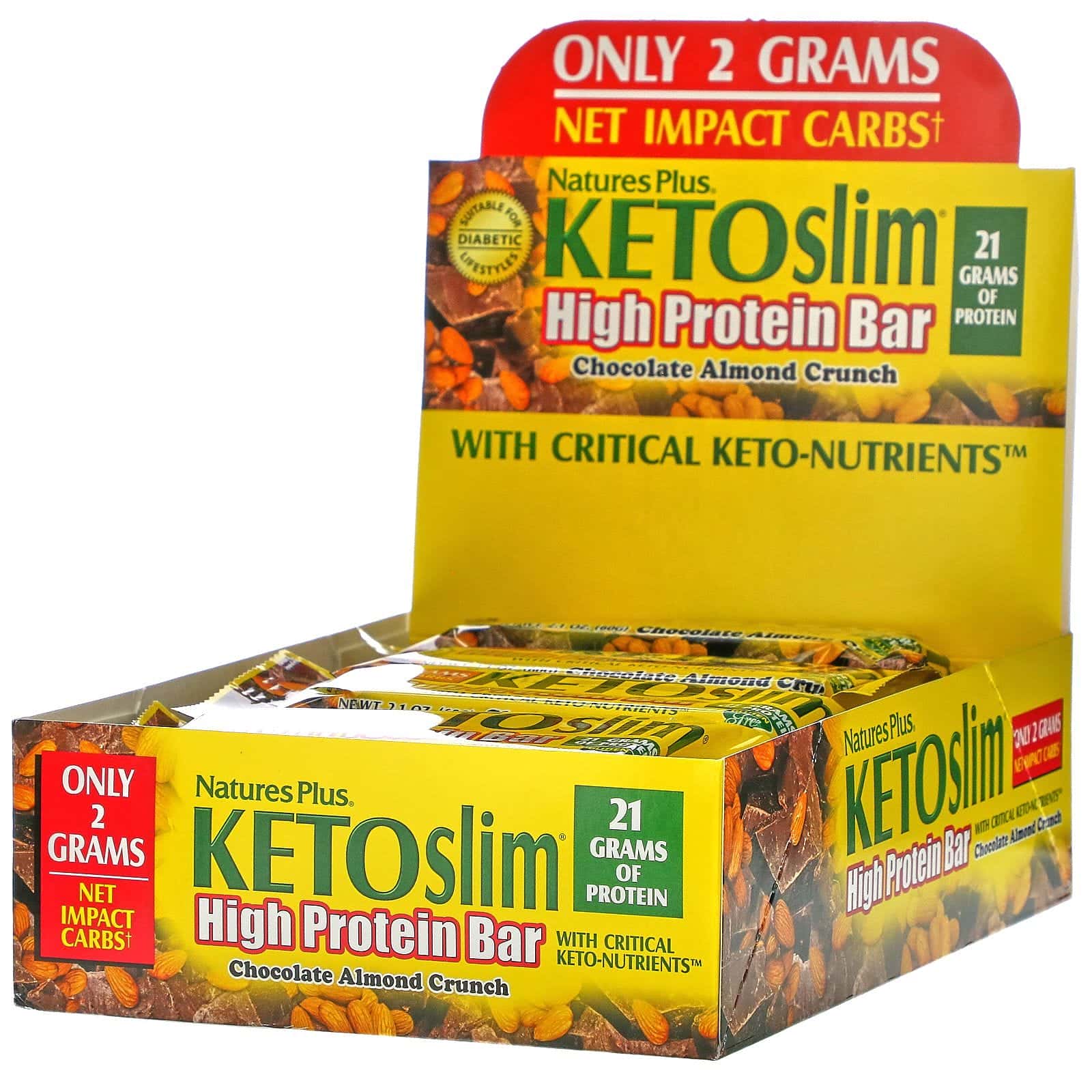 Nature's Plus, KETOslim, Barrita proteica, Crocante de chocolate y almendras, 12 barritas, 60 g (2,1 oz) cada una