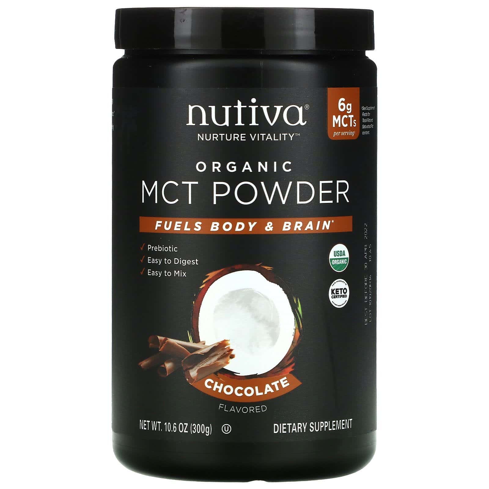 Nutiva, Polvo orgánico de triglicéridos de cadena media, Chocolate, 300 g (10,6 oz)