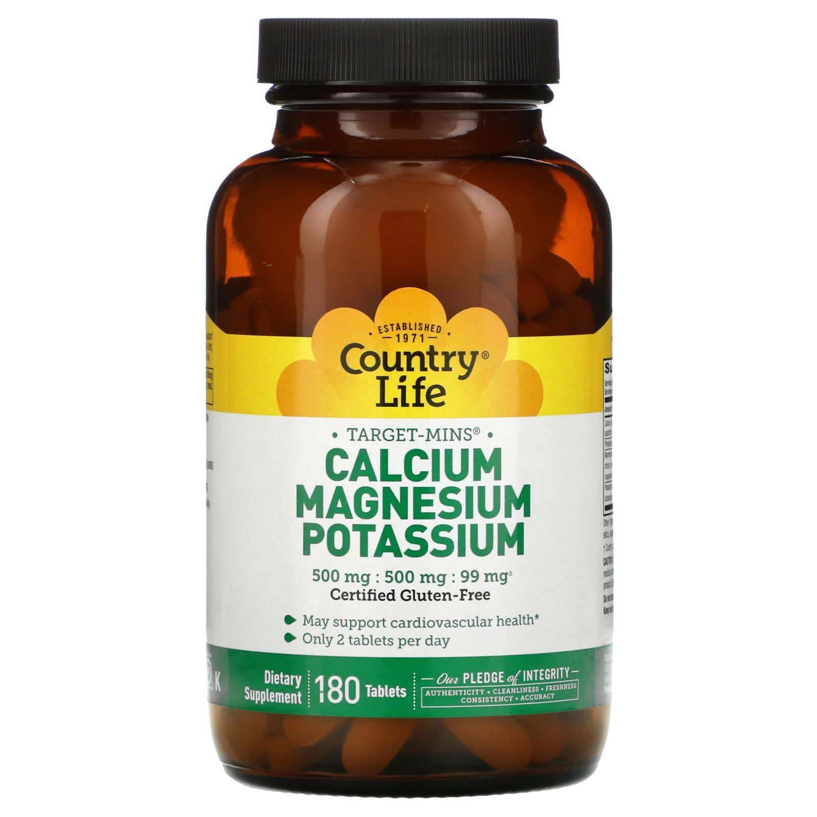 Country Life, Calcium, Magnesium, and Potassium, 500 mg/500 mg/99 mg, 180 Tablets