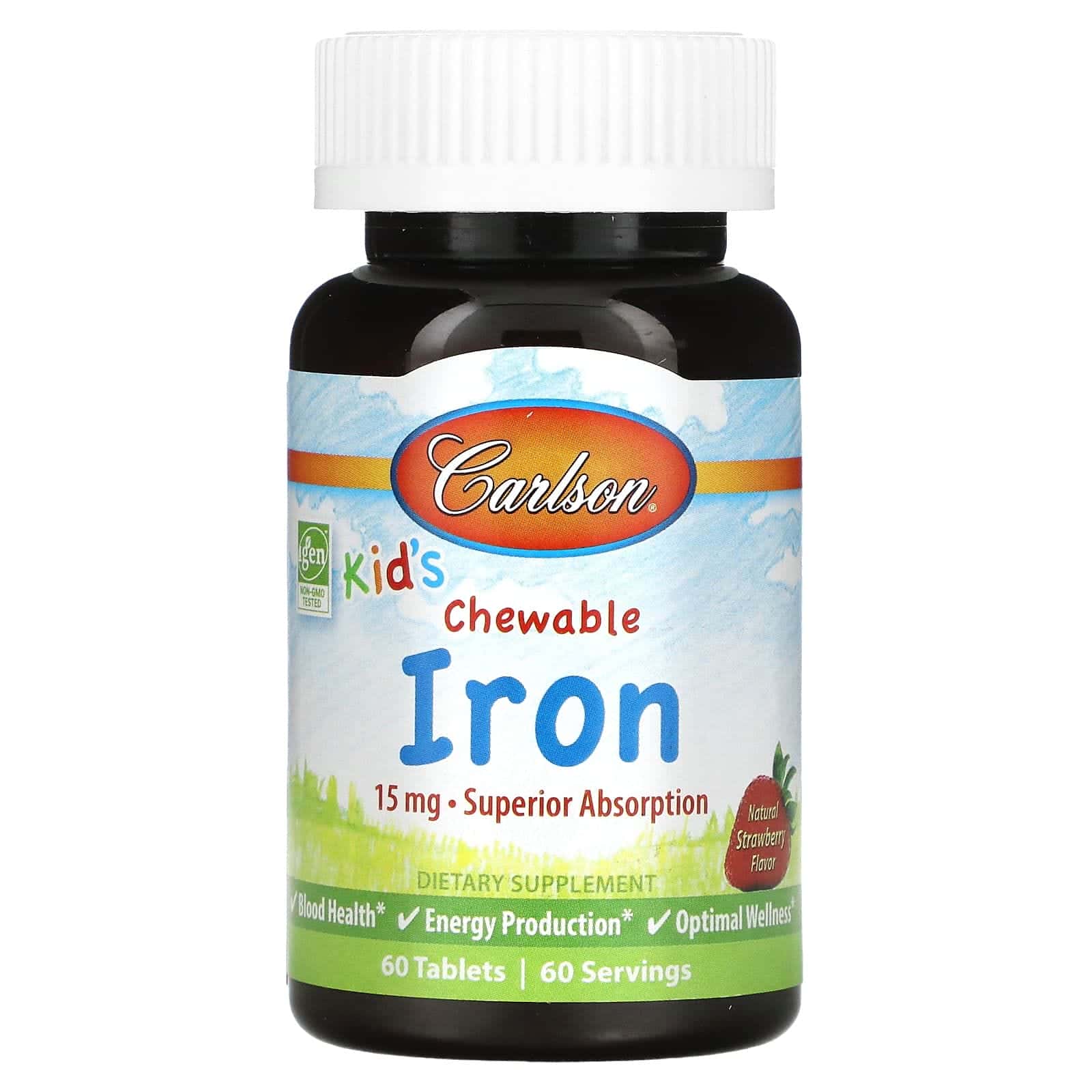 Carlson, Niños, Hierro masticable, Sabor natural a fresa, 15 mg, 60 comprimidos
