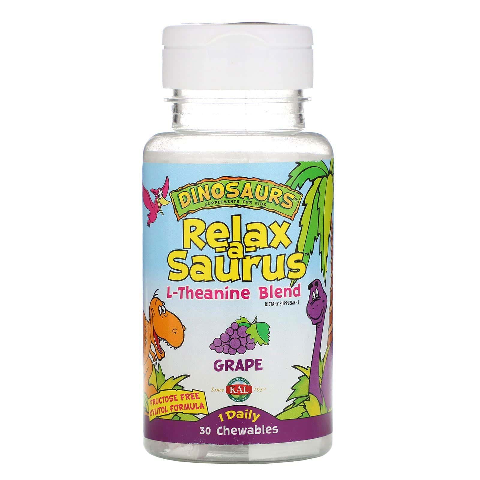 KAL, Dinosaurios, relajasaurio, mezcla de L-teanina, uva, 30 masticables