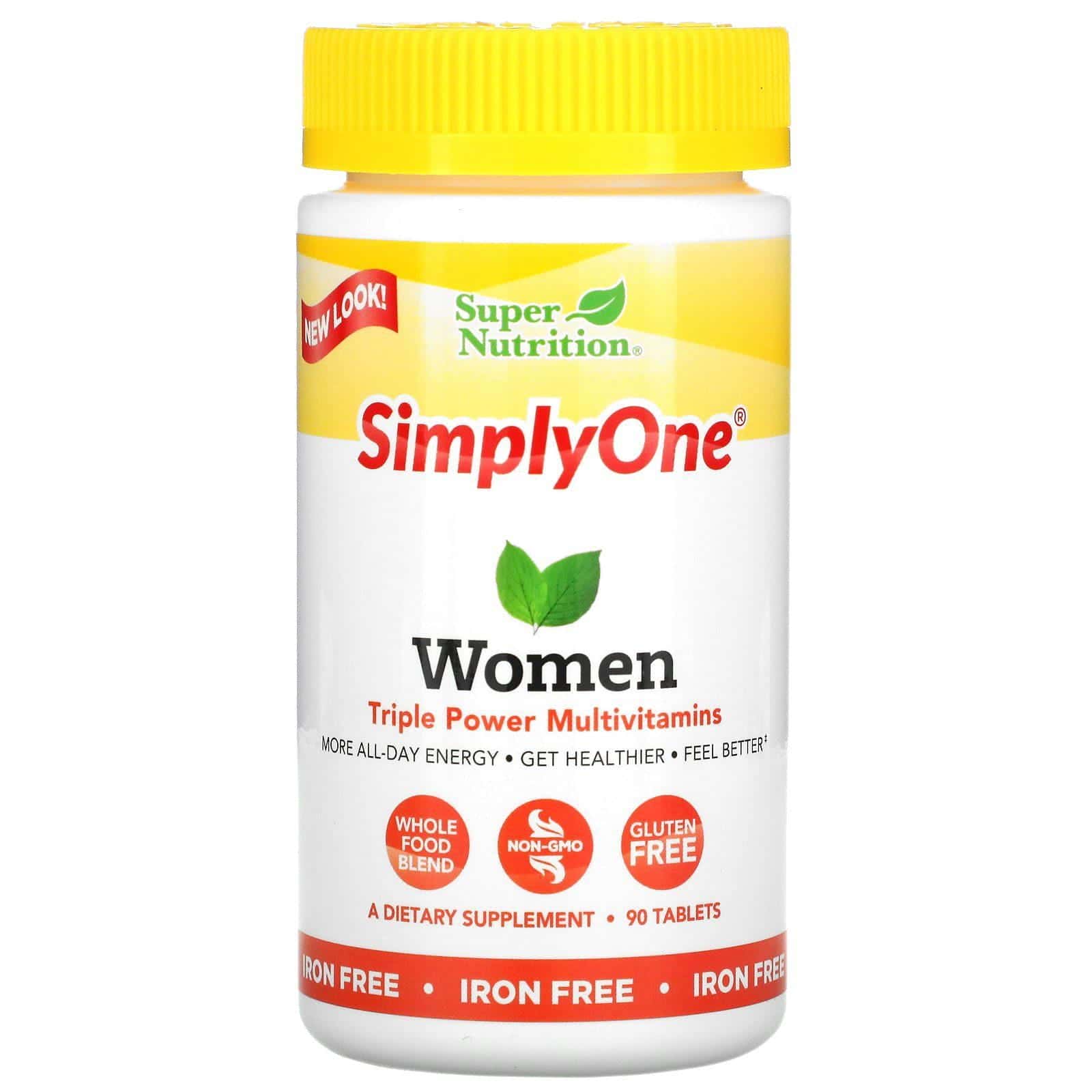 Super Nutrition, SimplyOne, Mujeres, Suplemento multivitamínico de triple acción, Sin hierro, 90 comprimidos
