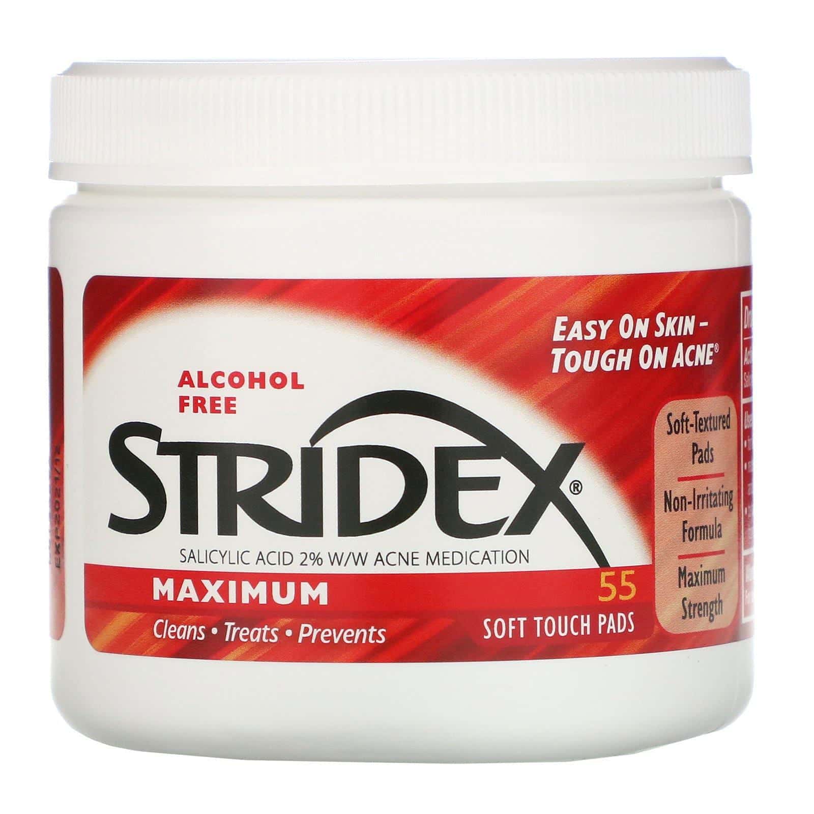 Stridex, Control del acné en un solo paso, máximo, sin alcohol, 55 toallitas suaves