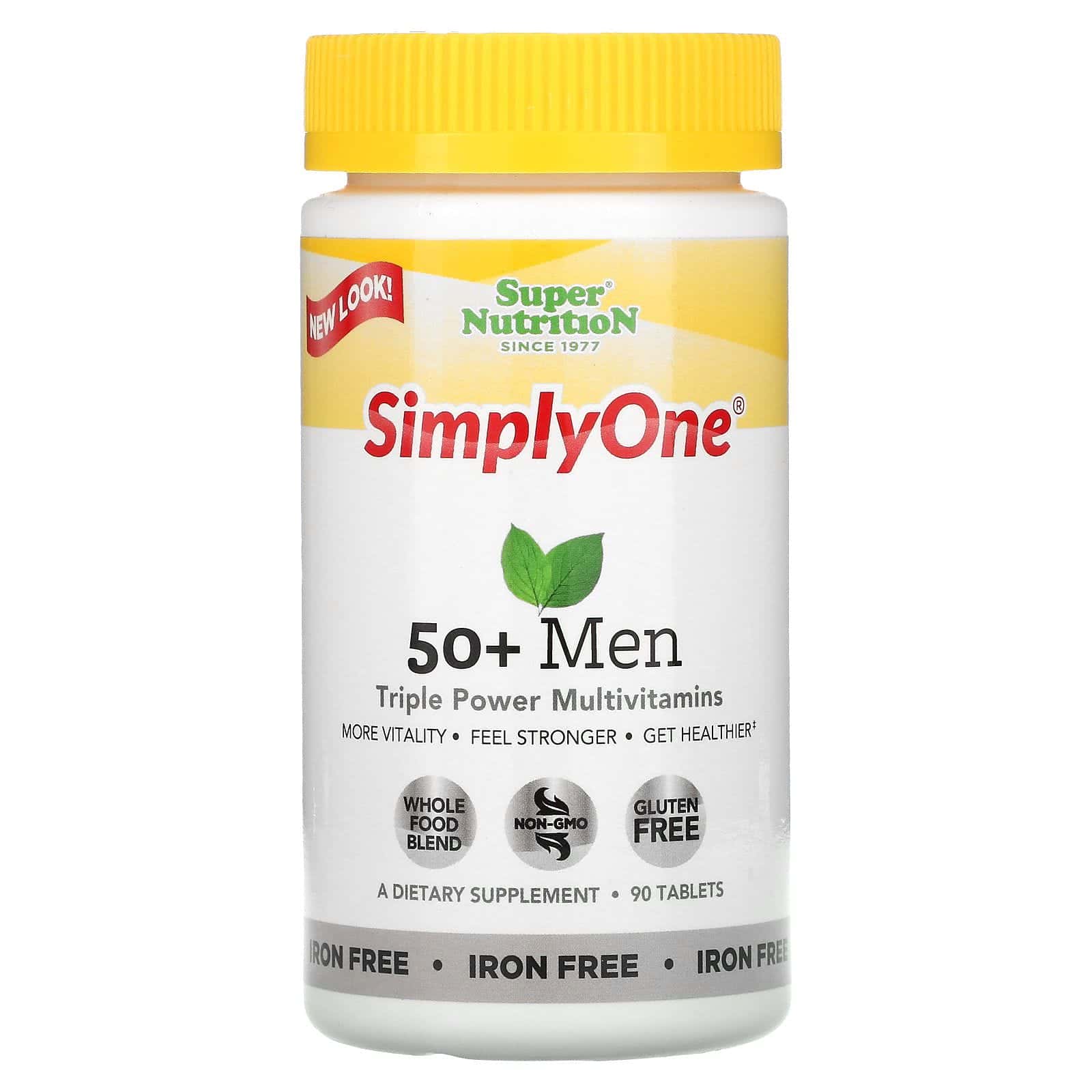 Super Nutrition, SimplyOne, 50+ para hombres. Multivitaminas de triple potencia, sin hierro, 90 tabletas
