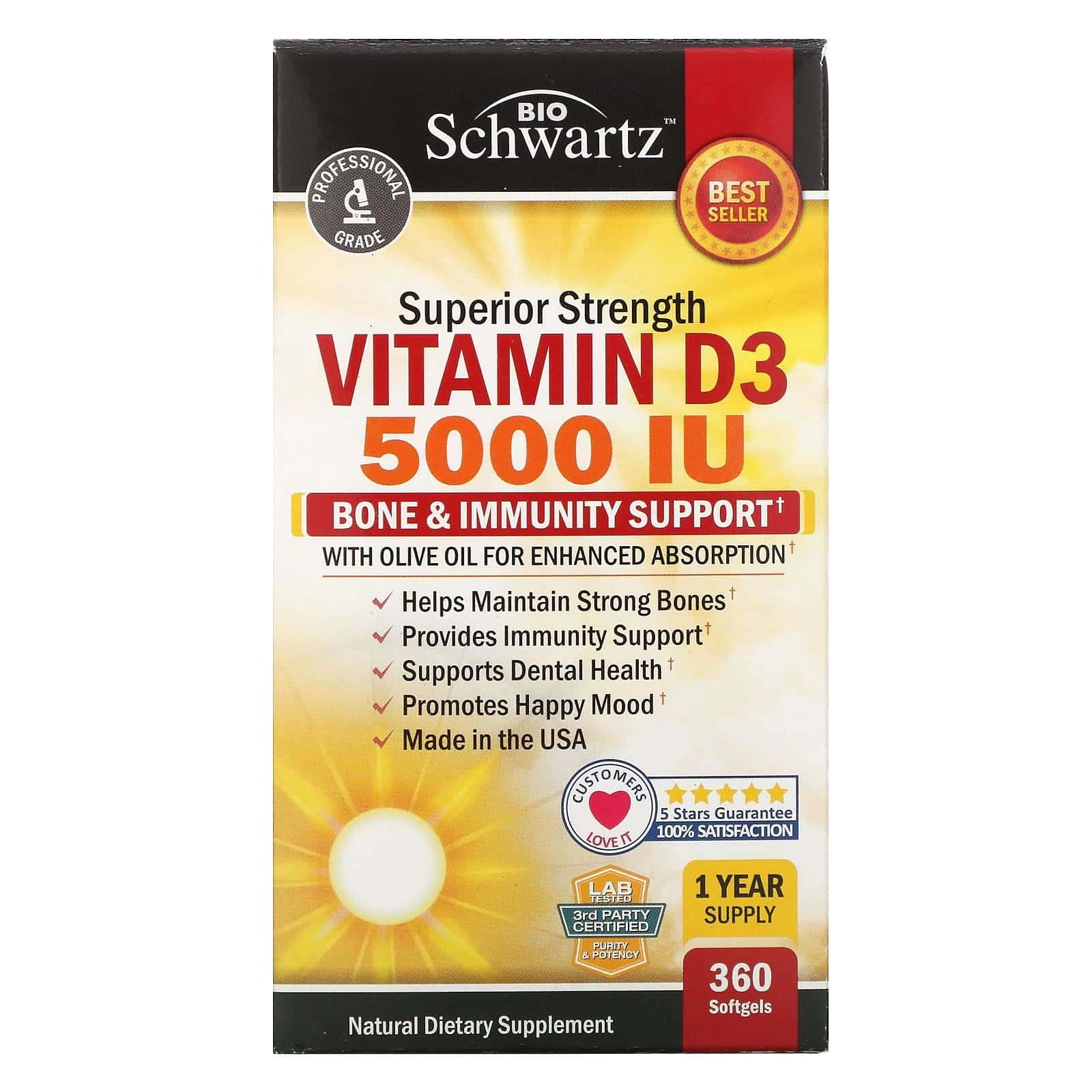 BioSchwartz, Vitamina D3 de acción superior, 5000 UI, 360 cápsulas blandas