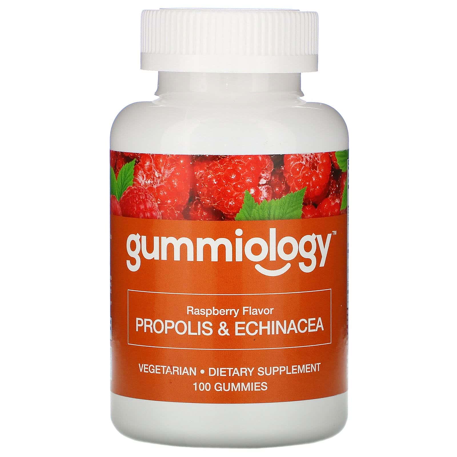 Gummiology, Gomitas de propóleo y equinácea para adultos, Sin gelatina, Sabor natural a frambuesa, 100 gomitas vegetales