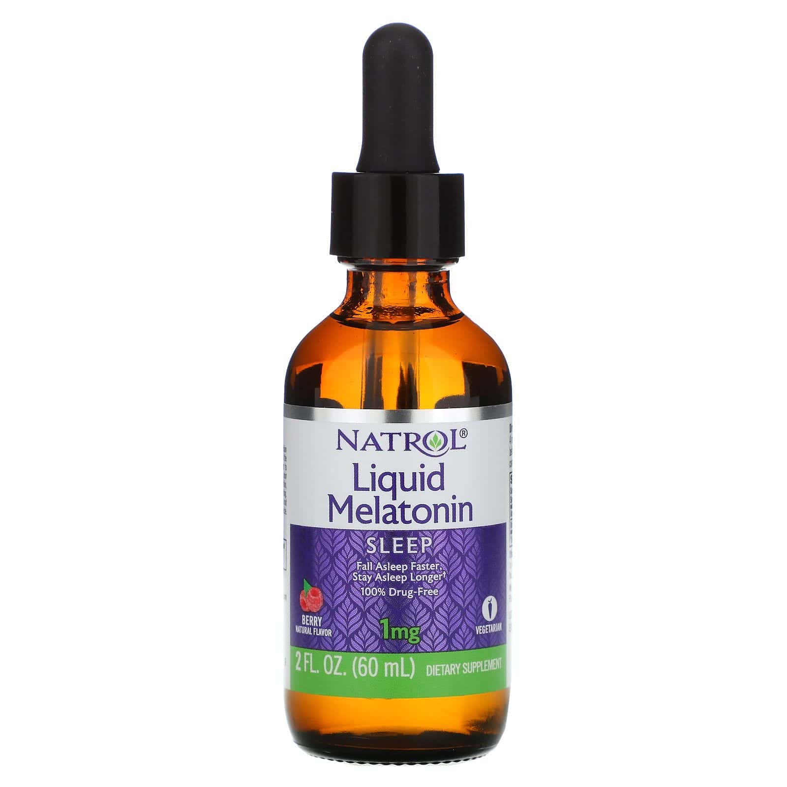 Natrol, Melatonina líquida, para dormir, sabor natural a bayas, 1 mg, 2 fl. oz. (60 ml.)
