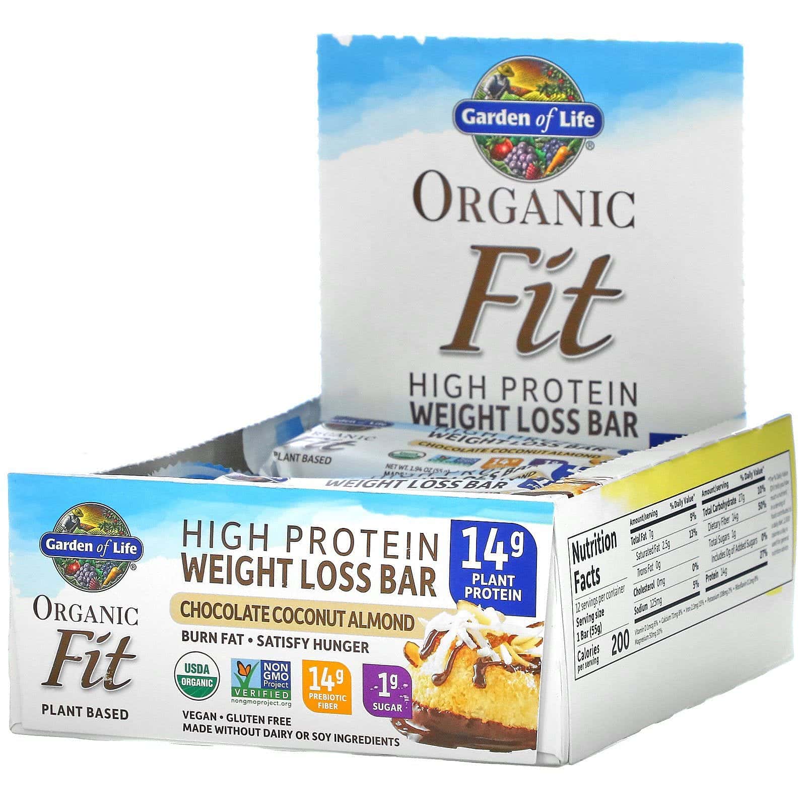 Garden of Life, Productos orgánicos y saludables, Barritas con alto contenido de proteína para la pérdida de peso, Chocolate, coco y mantequilla de almendra, 12 barritas, 55 g (1,94 oz) cada una