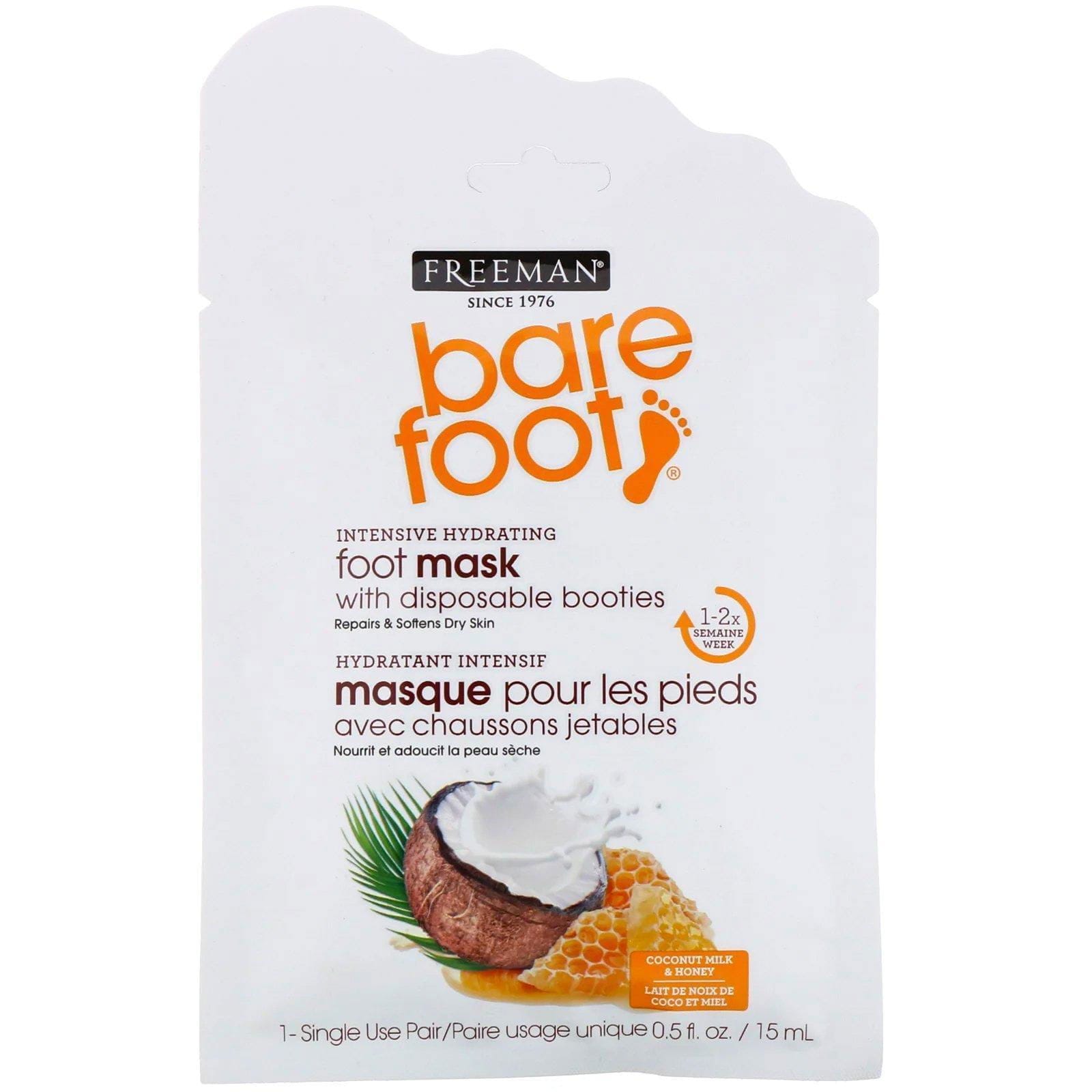 Freeman Beauty, Bare Foot, Hidratación intensiva, Máscara para pies con botitas desechables, Leche de Coco y Miel, 1 par de uso único