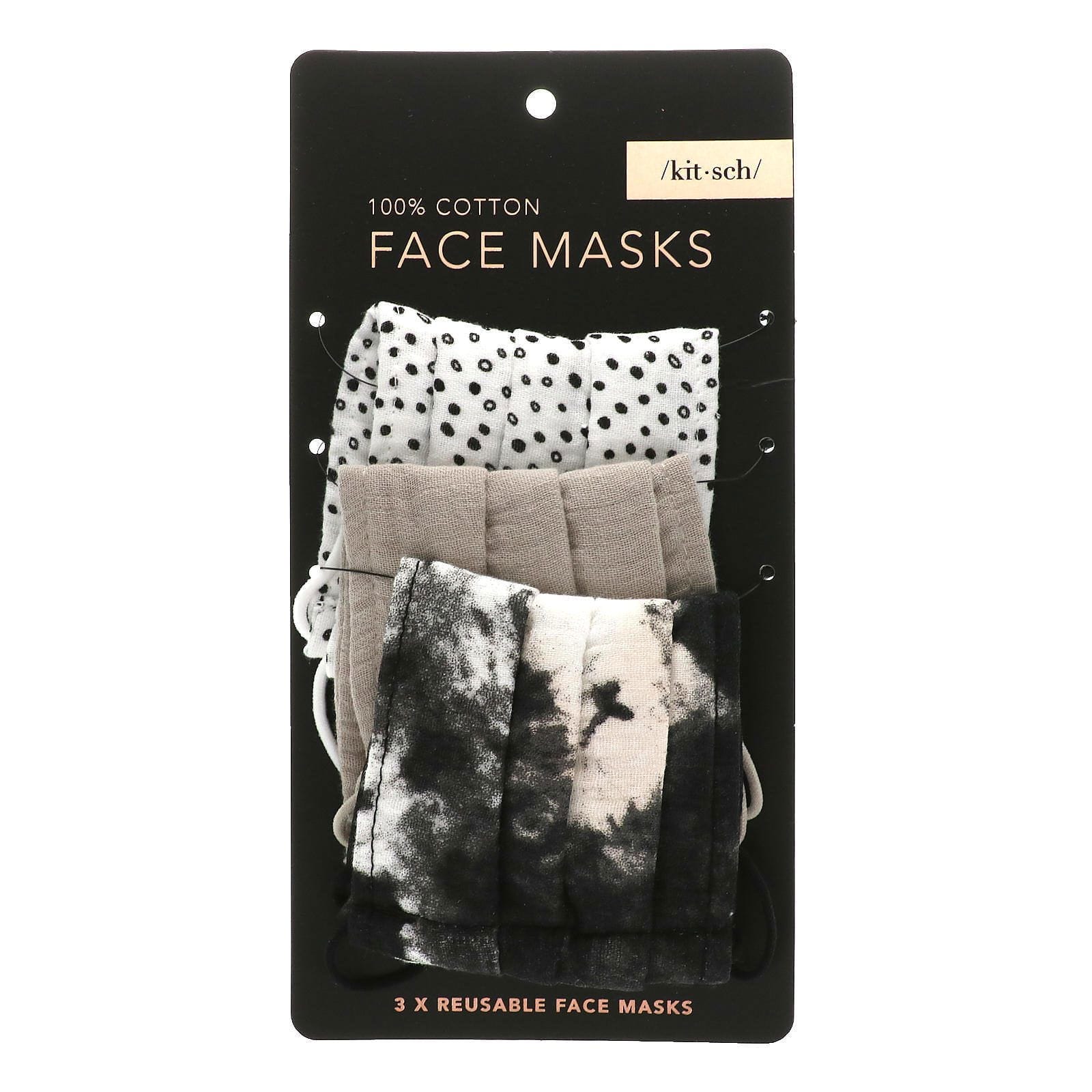 Kitsch, Mascarillas faciales reutilizables 100 % de algodón, Colores neutros, Paquete con 3 piezas