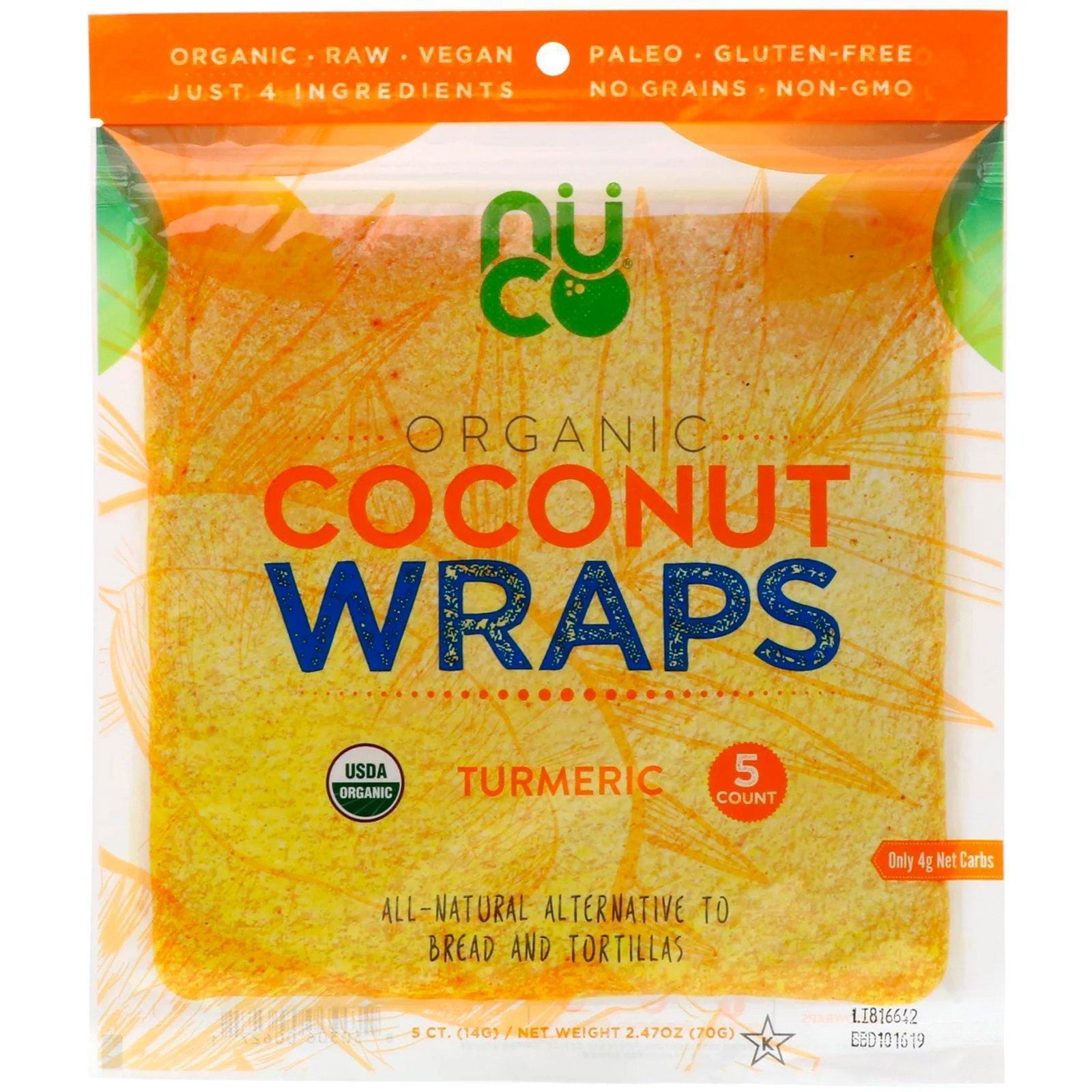 NUCO, Rollos de coco orgánico, cúrcuma, 5 rollos (14 g cada uno)