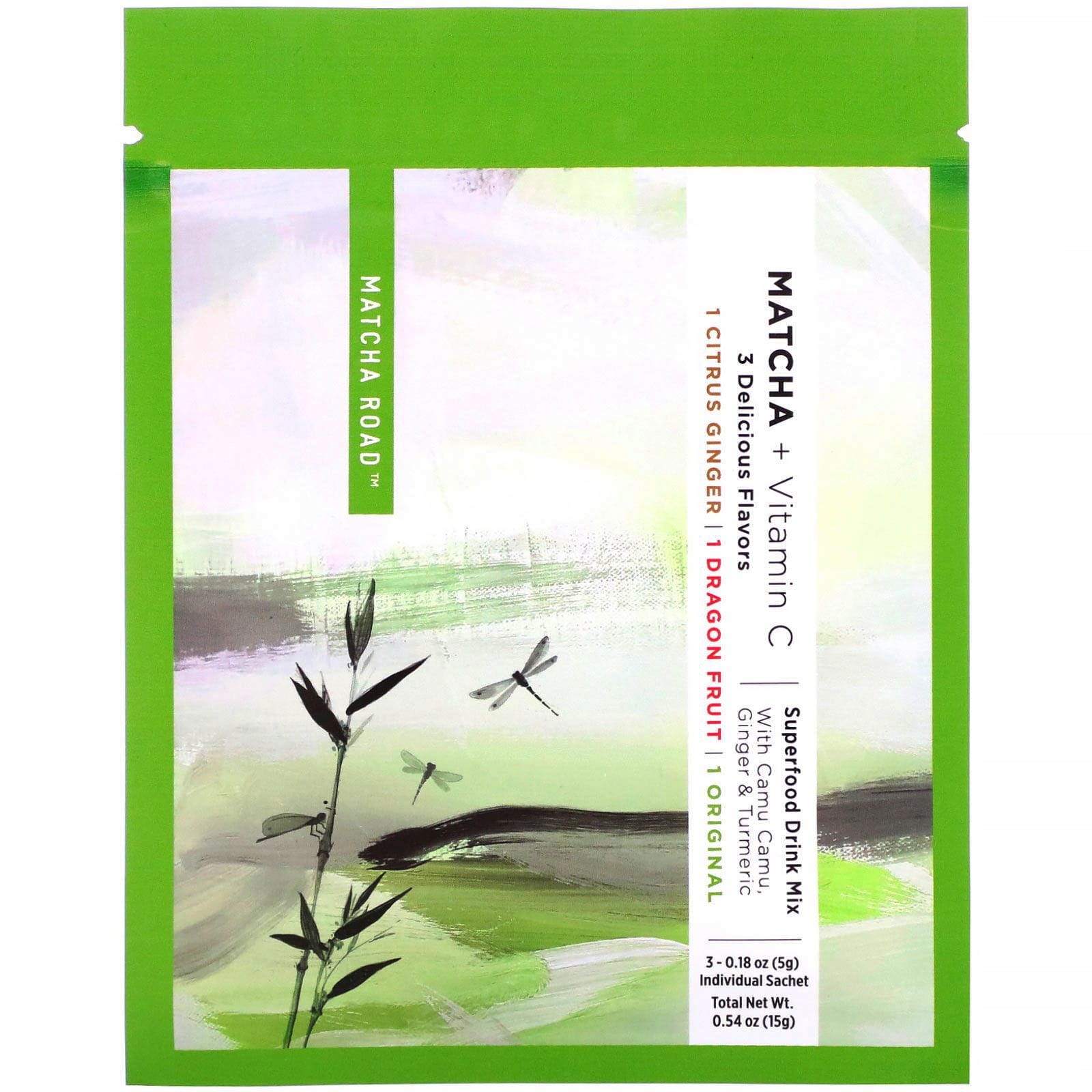 Matcha Road, Matcha más vitamina C, Paquete de prueba (jengibre cítrico, pitahaya, sabor original), 3 sobres, 5 g (0,18 oz) cada uno