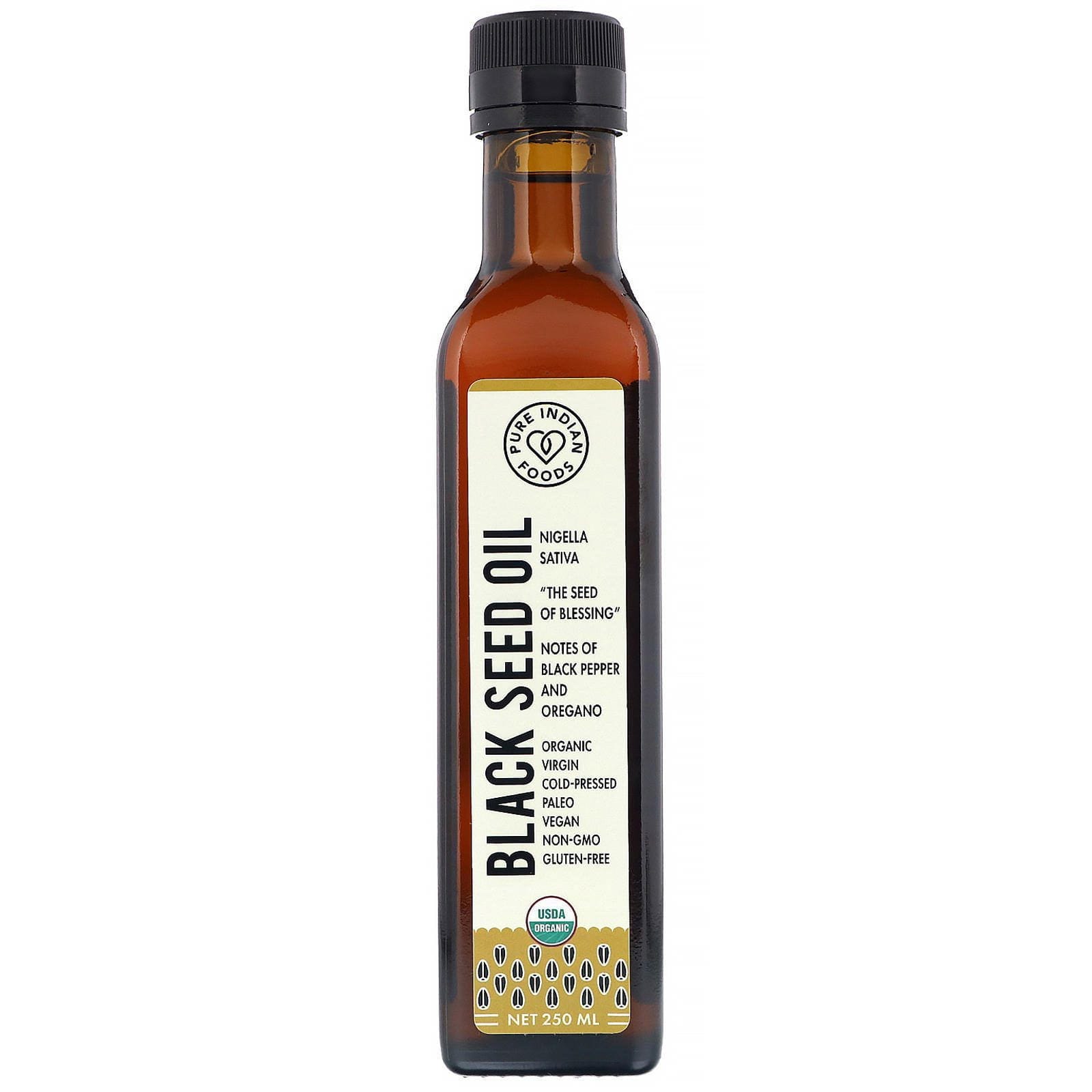 Pure Indian Foods, Aceite virgen orgánico de semillas de comino negro prensado en frío, 250 ml