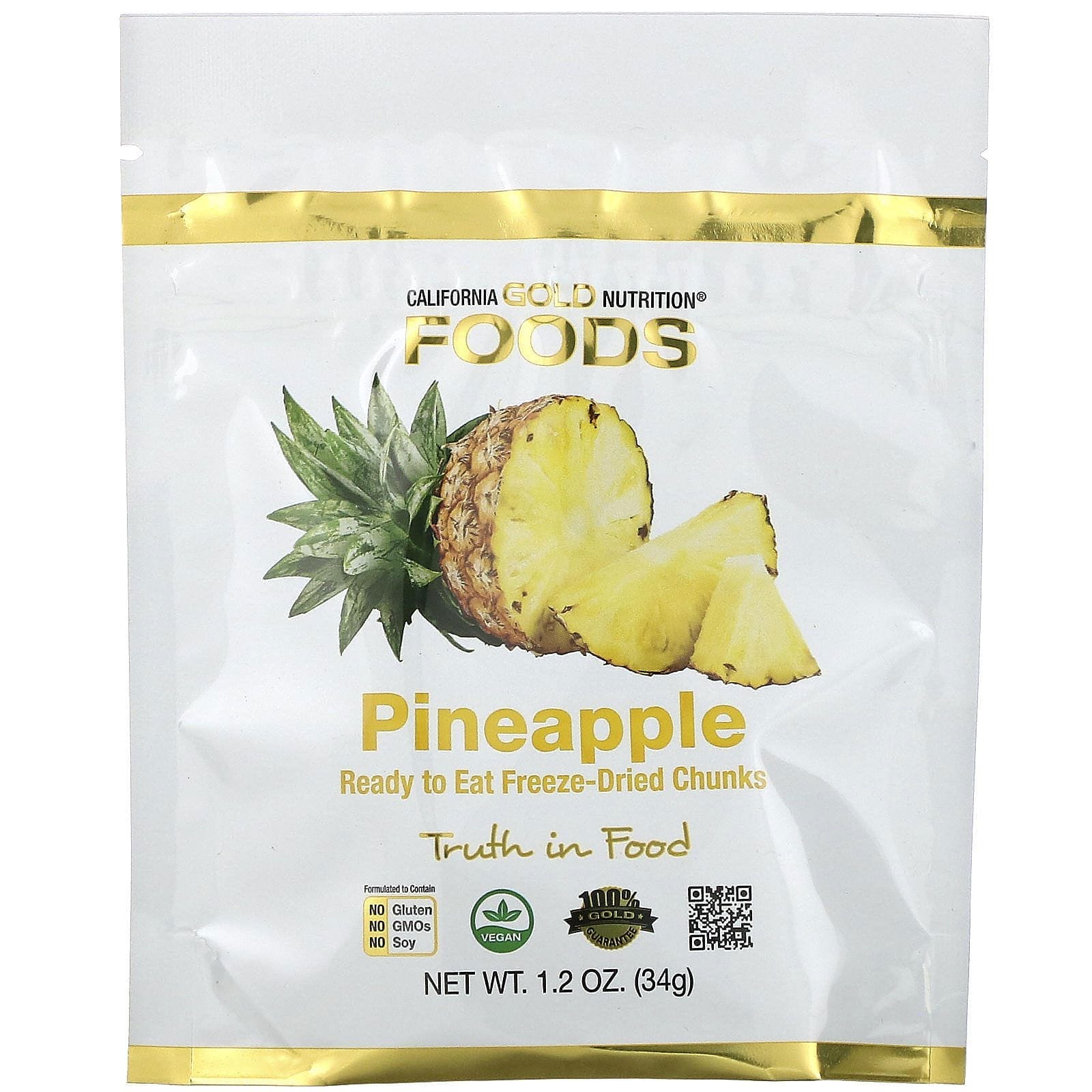 California Gold Nutrition, Piña liofilizada, Trozos enteros liofilizados listos para comer, 34 g (1 oz)