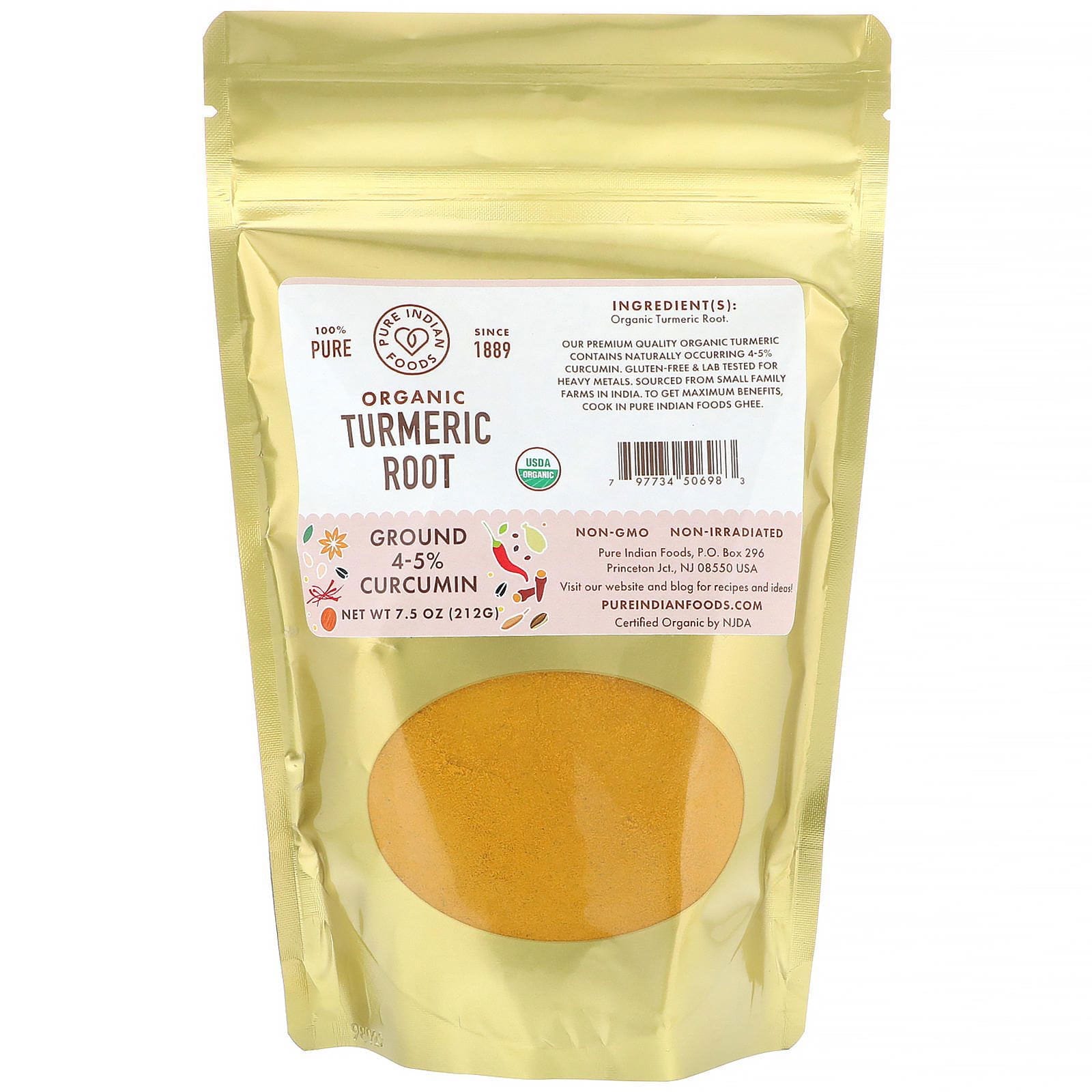 Pure Indian Foods, Raíz de cúrcuma orgánica, Molida, 212 g (7,5 oz)