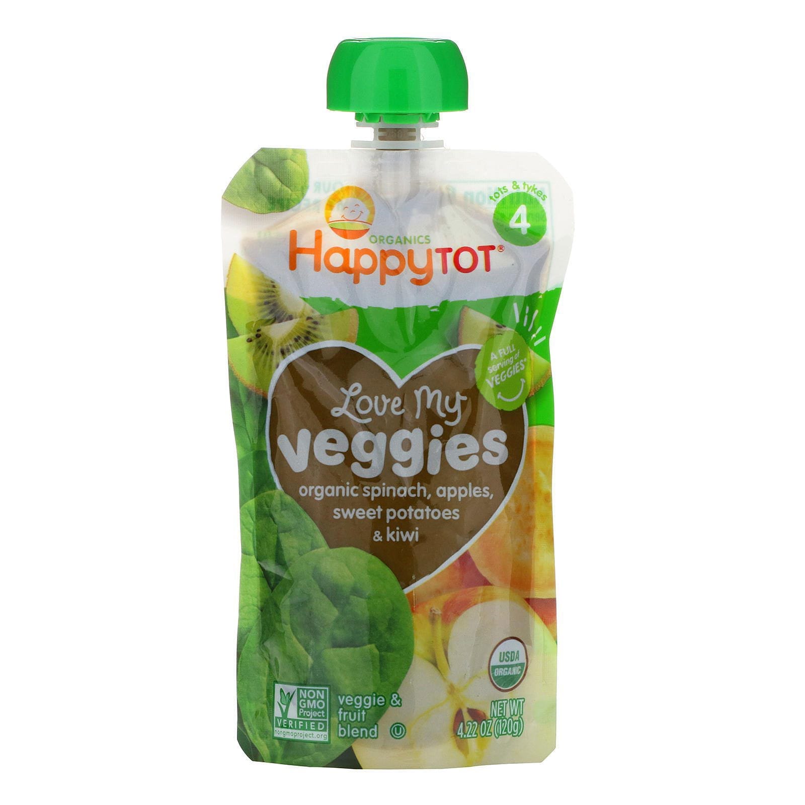 Happy Family Organics, Happy Tot orgánicos, vegetales deliciosos, espinaca, manzanas, batatas y kiwi orgánicos, 120 g (4,22 oz)