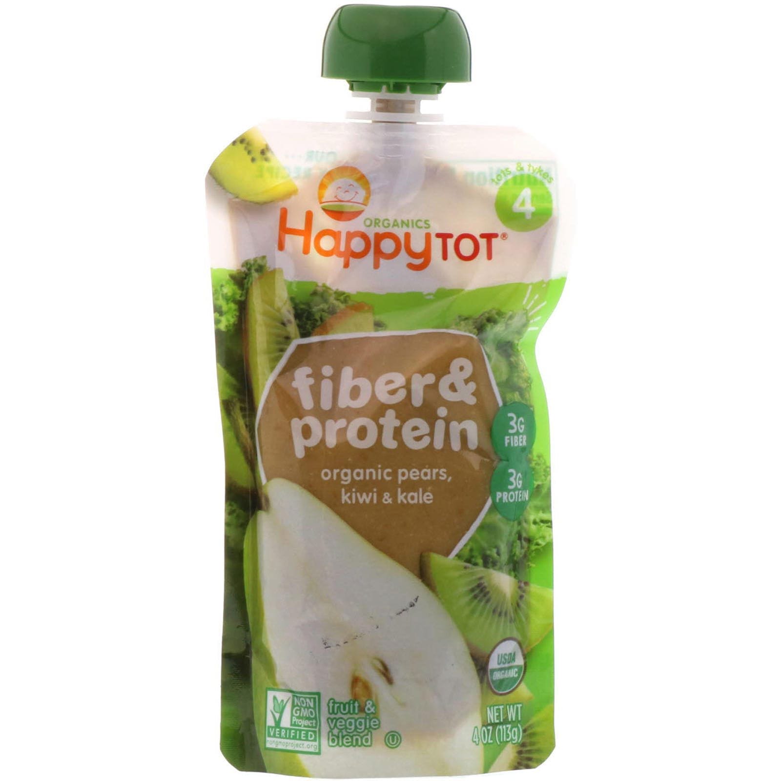 Happy Family Organics, Bebé feliz, fibra y proteína, mezcla de frutas y vegetales, etapa 4, 4 oz (113 g)