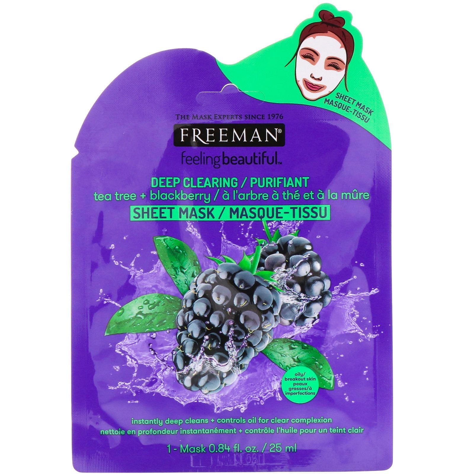 Freeman Beauty, Feeling Beautiful, Máscara de Limpieza Profunda, Árbol de Té + Moras, 1 Máscara