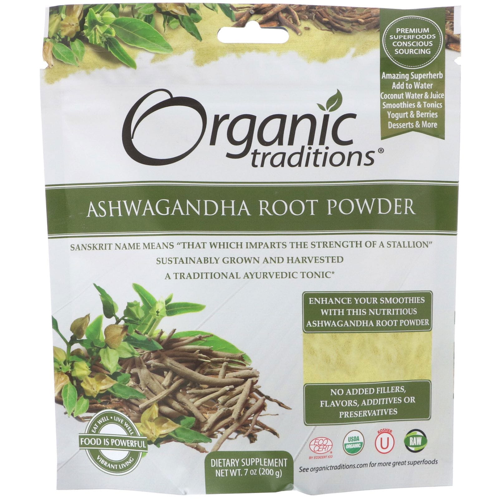 Organic Traditions, Raíz Ashwagandha en polvo, 7 oz (200 g)