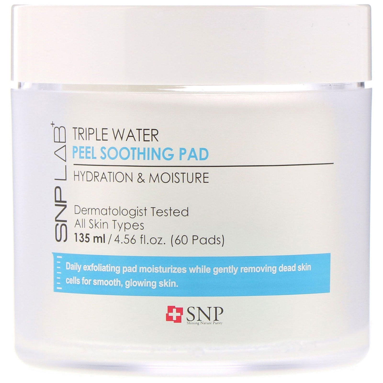 SNP, LAB+, pañitos calmantes y exfoliantes con triple agua, 60 pañitos
