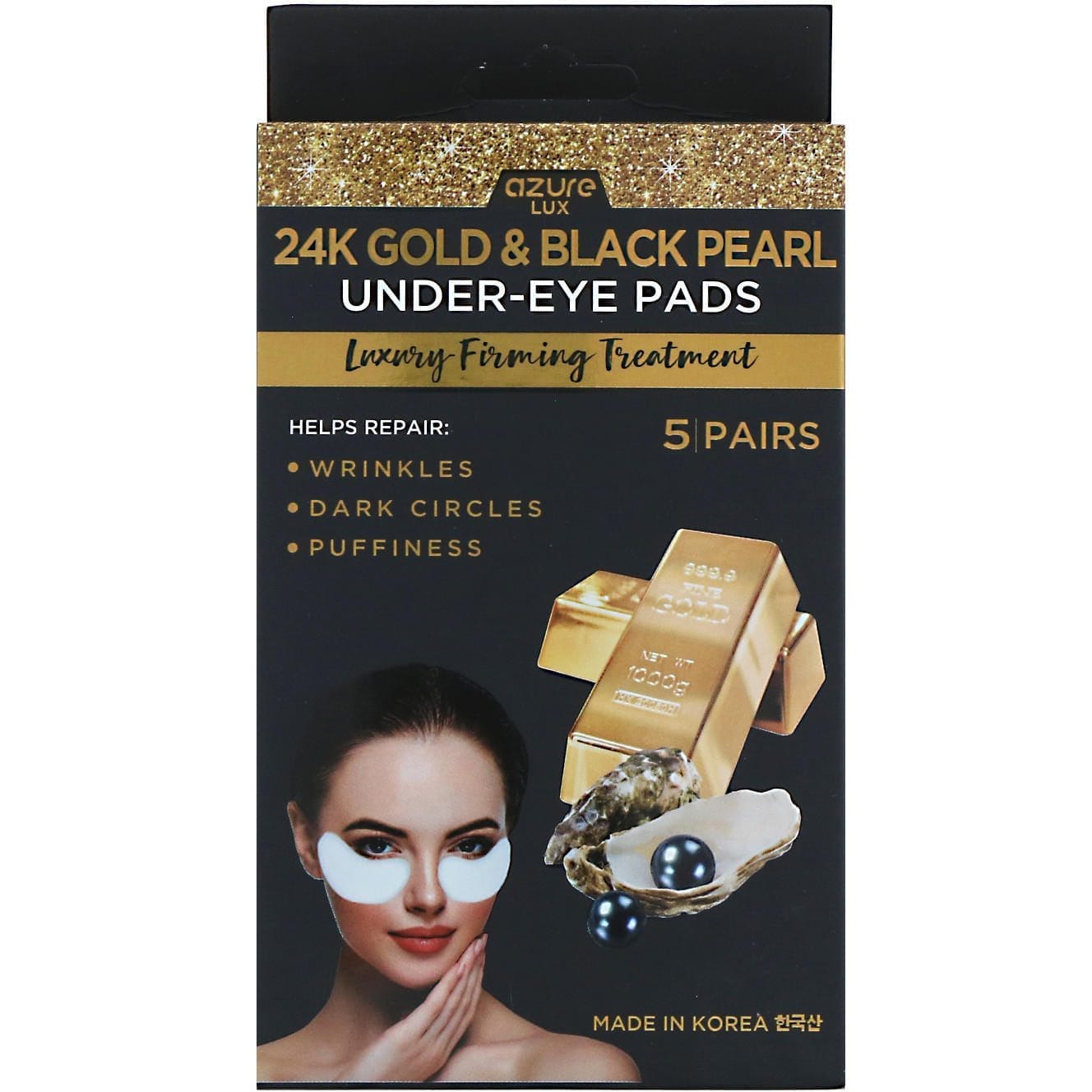 Azure Kosmetics, Oro 24K y perla negra, Almohadillas para la zona debajo de los ojos, Tratamiento reafirmante de lujo, 5 pares
