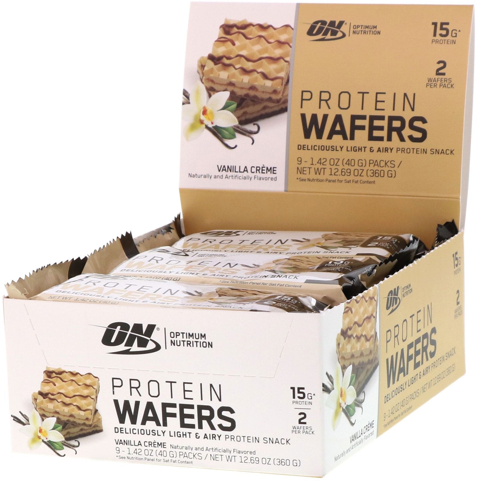 Optimum Nutrition, Obleas proteícas, Crema de vainilla, 9 Packs, 1.42 oz (40 g) Cada uno