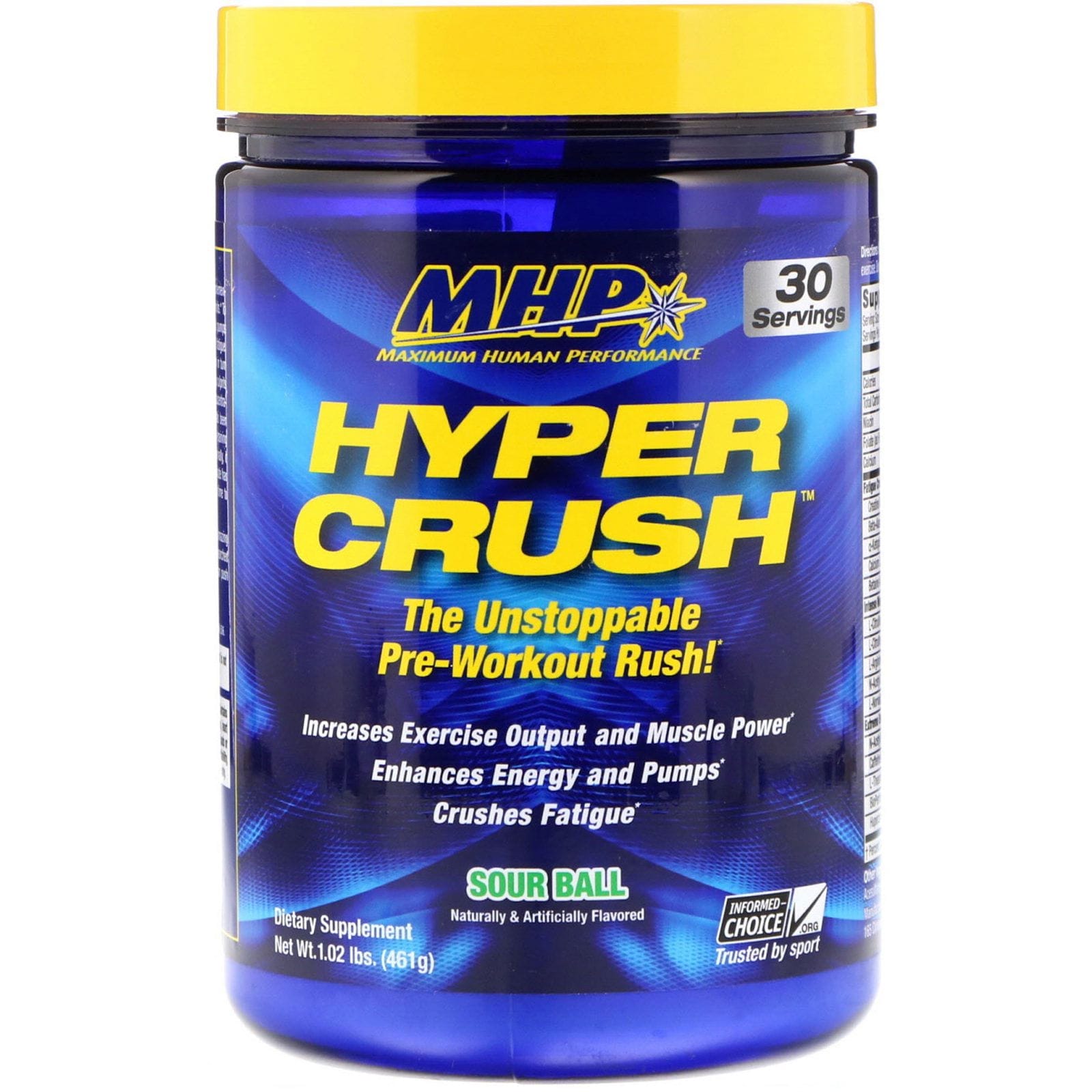 MHP, Suplemento dietario Hyper Crush, para antes del entrenamiento, caramelo ácido, 1.02 lbs. (461 gr.)