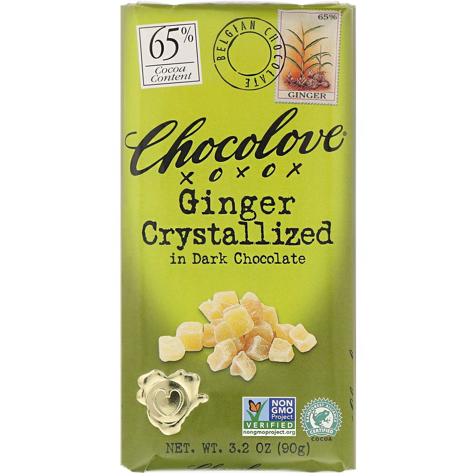 Chocolove, Ginger Crystallized in Dark Chocolate, 65% Cocoa, 3.2 oz (90 g)