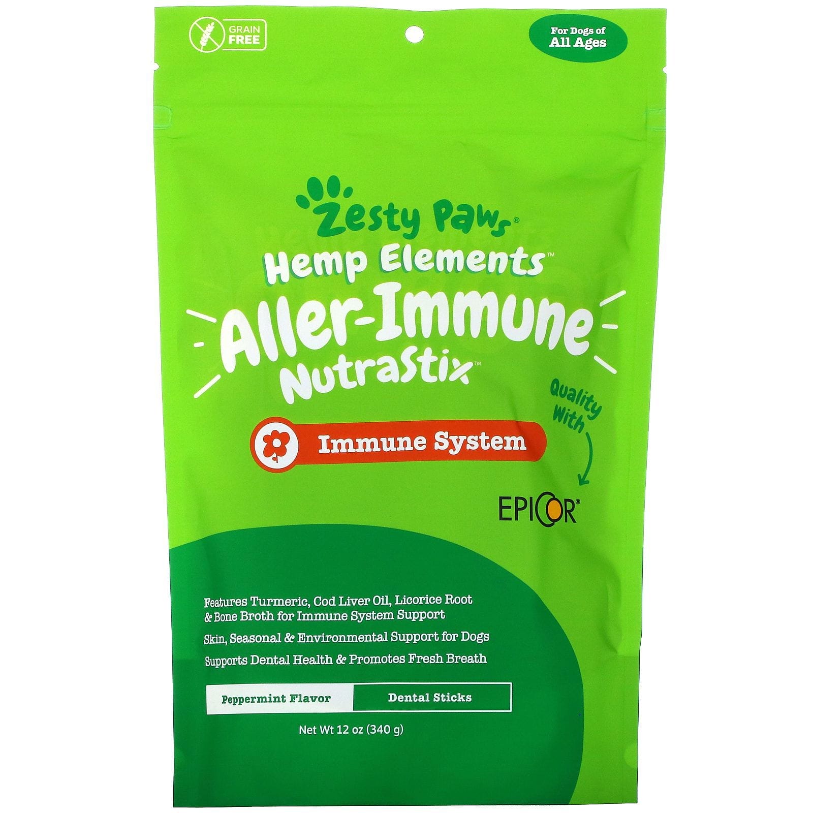 Zesty Paws, Hemp Elements, Aller-Immune NutraStix For Dogs, All Ages, Peppermint, 12 oz (340 g)