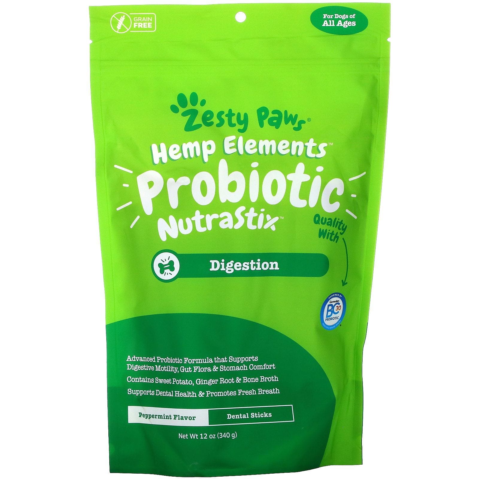 Zesty Paws, Hemp Elements, Probiotic NutraStix For Dogs, All Ages, Peppermint, 12 oz (340 g)