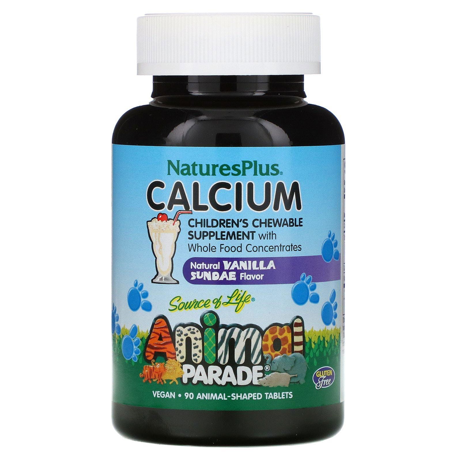 Nature's Plus, Source of Life, Animal Parade, Calcio, Suplemento masticable para niños, Sabor natural de sorbete de vainilla, 90 comprimidos con forma de animales