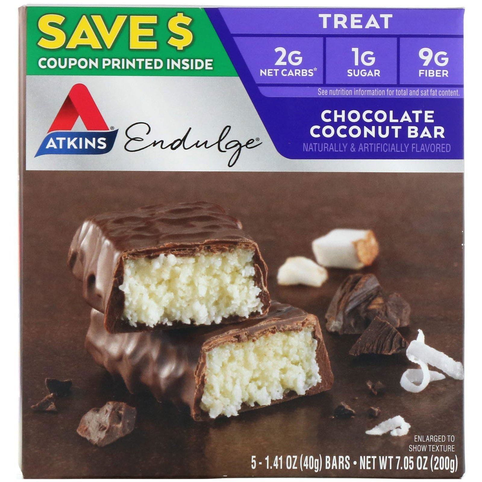 Atkins, Endulge, barra de chocolate con coco, 5 barras, 1,41 oz (40 g) cada una