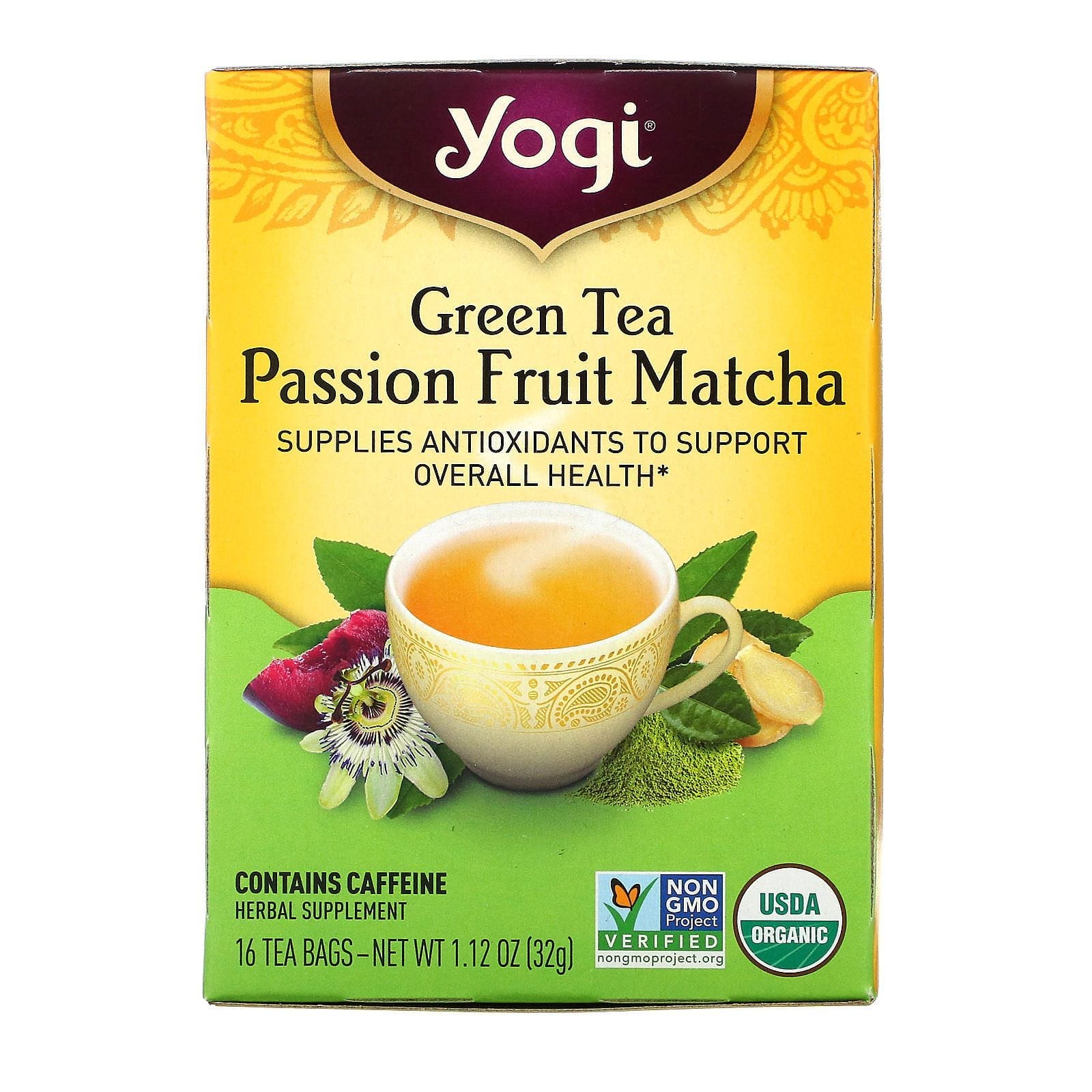 Yogi Tea, Té verde, fruta de la pasión Y matcha, 16 bolsitas de té, 1.12 oz (32 g)