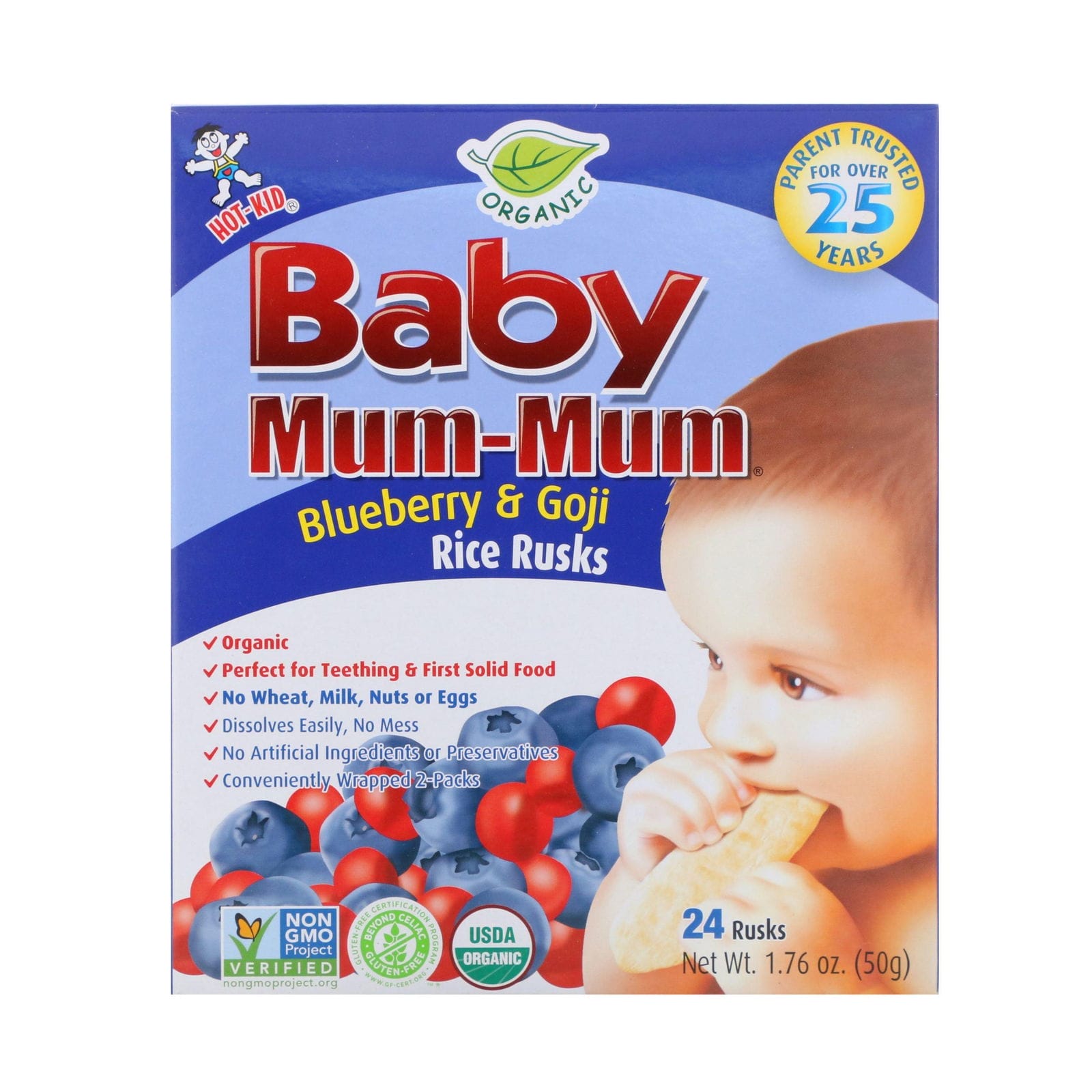Hot Kid, Baby Mum-Mum, bizcocho de arroz orgánico, bizcochos de arándano, bayas de Goji y arroz, 24 bizcochos, 17.6 oz (50 g) cada uno