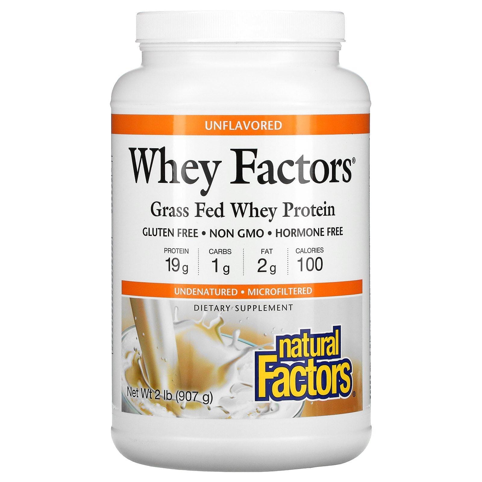 Natural Factors, Whey Factors, proteína de suero de ganado alimentado de pastura, sin sabor, 2 lb (907 g)