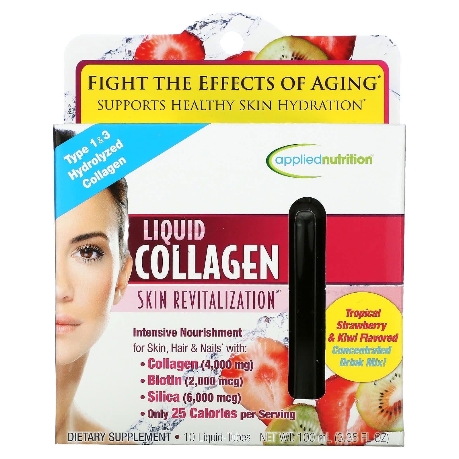 Applied Nutrition, Colágeno líquido, Revitalización de la piel, Sabor a fresa y kiwi tropicales, 10 tubos de líquido, 10 ml cada uno