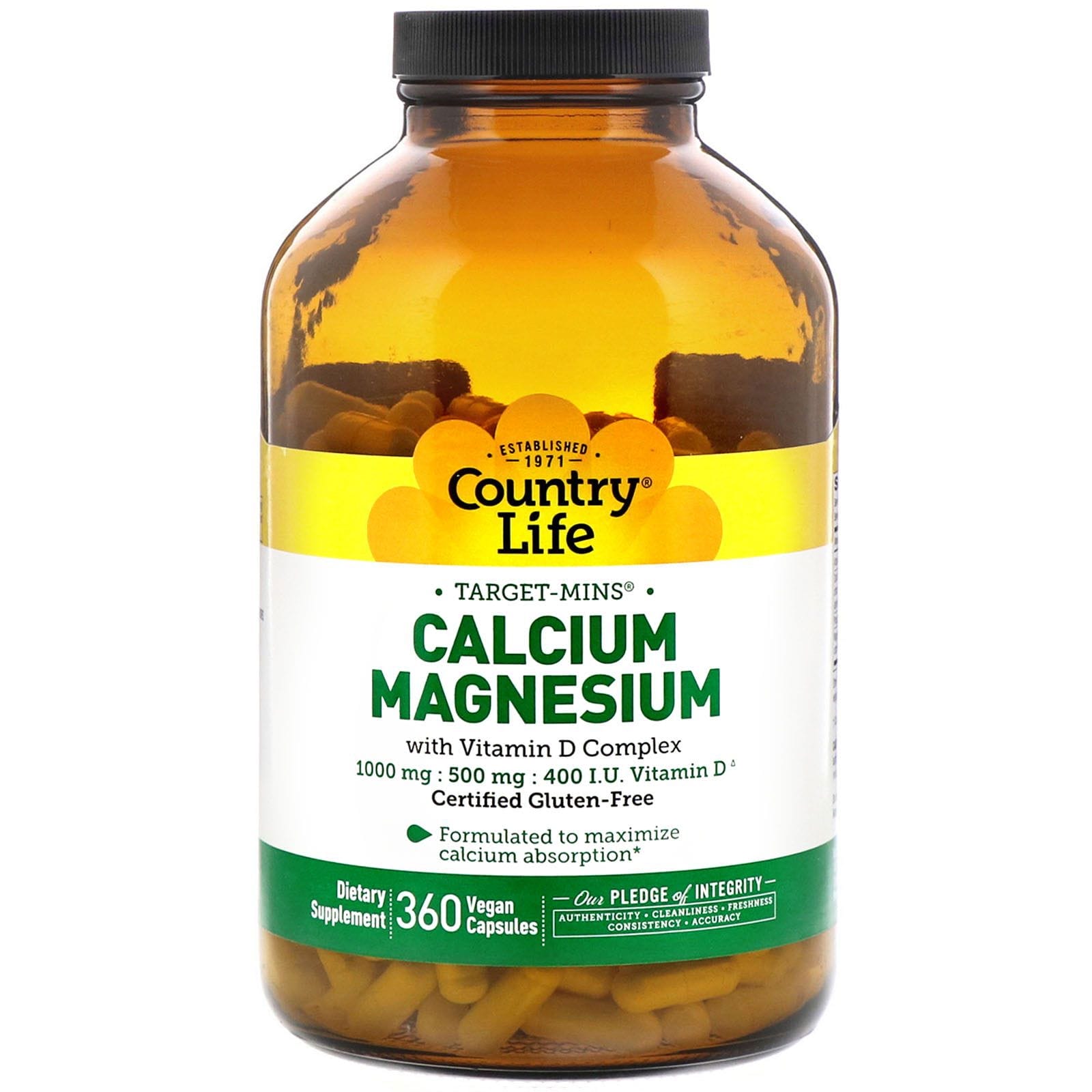 Country Life, Calcium Magnesium with Vitamin D Complex, Gluten Free, 360 Vegan Capsules