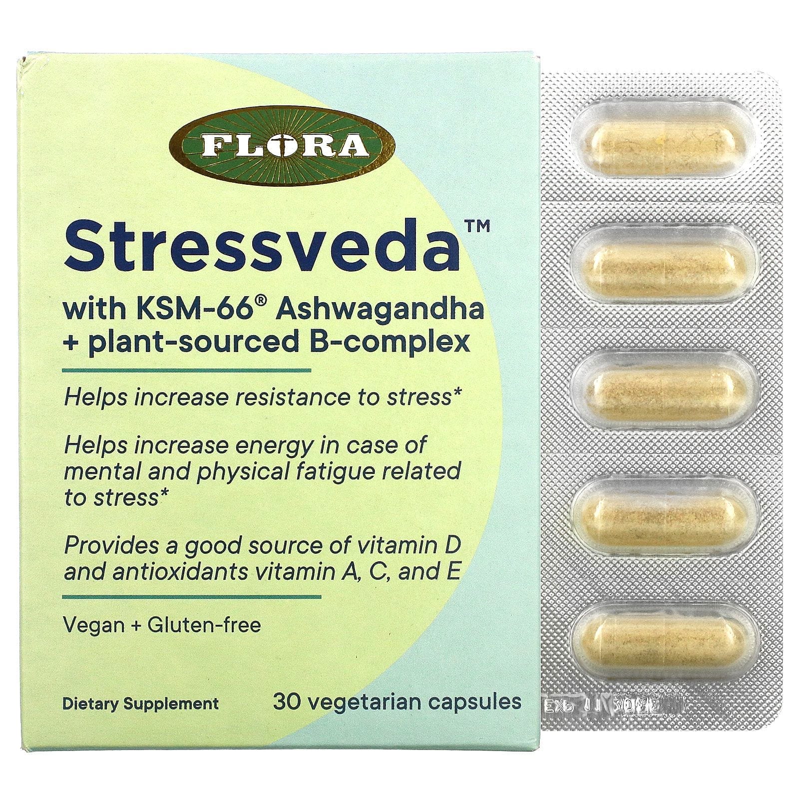 Flora, Stressveda With KSM-66 Ashwagandha + Plant-sourced B-complex, 30 Vegetarian Capsules